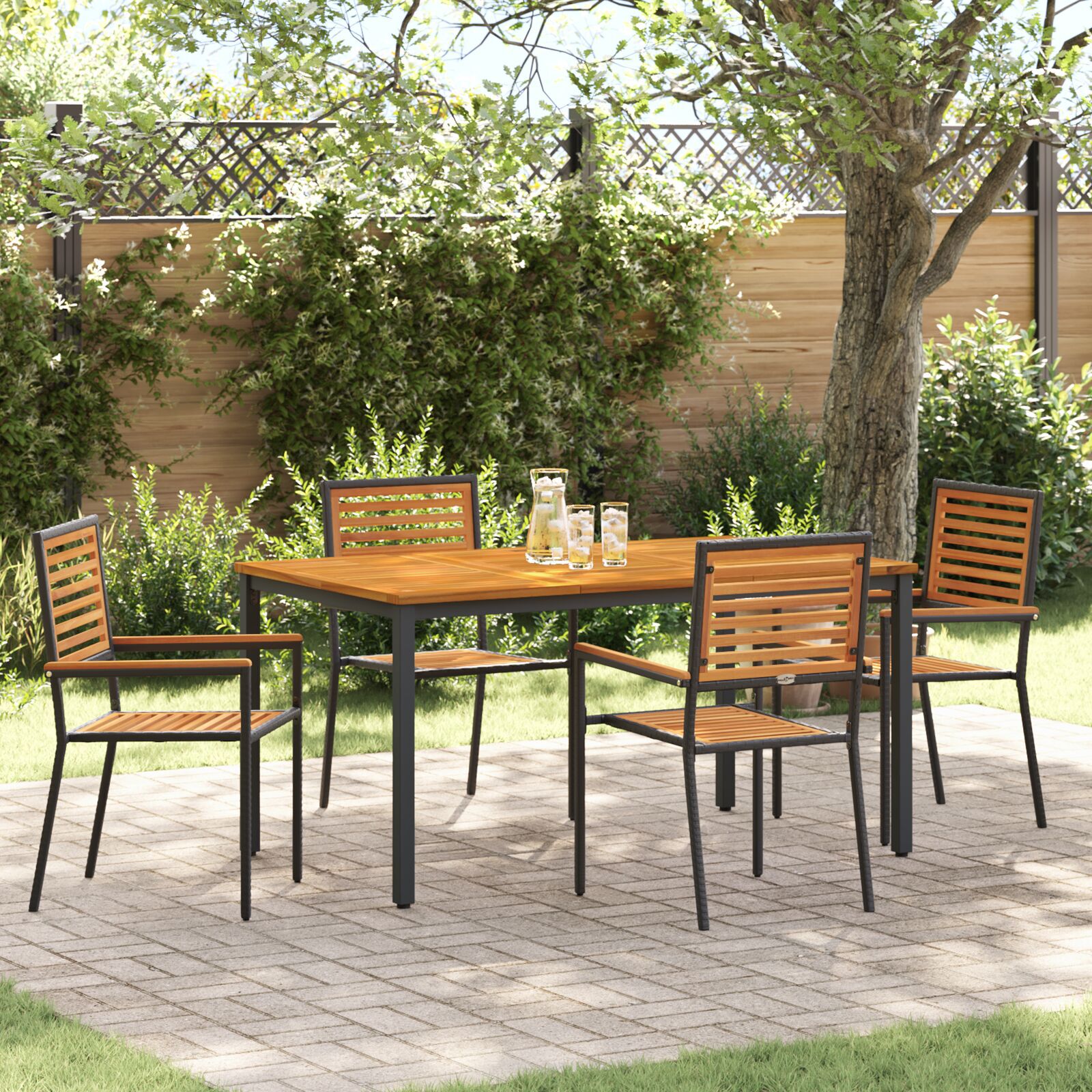 Set de masă pentru grădină din 5 piese Negru Poliratan Acacia, Scaune de grădină stivuite  cu perne 2 buc Negru Poliratan, Masă de grădină  150x90x75 cm Lemn solid Acacia și metal GartenMobel Dekor