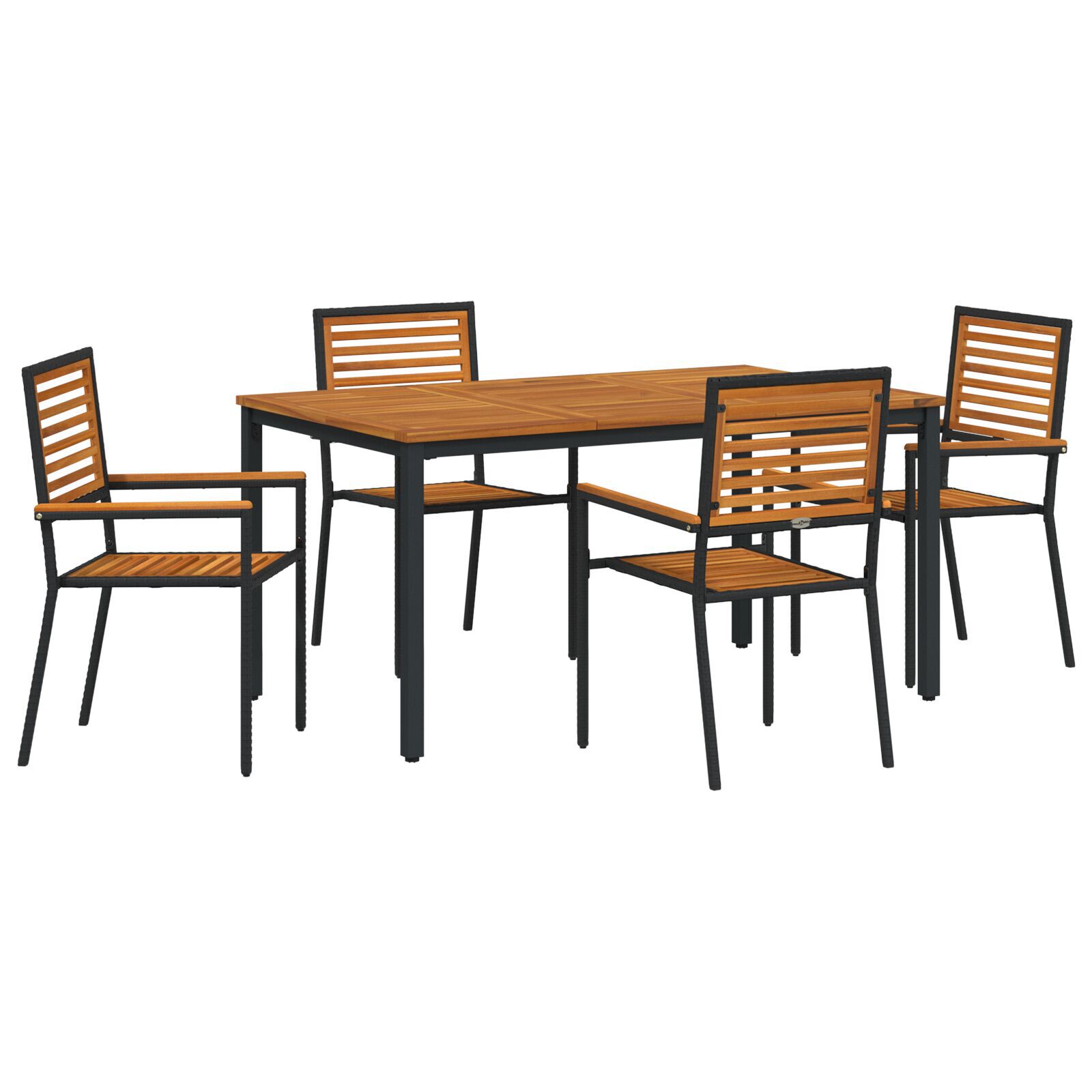 Set de masă pentru grădină din 5 piese Negru Poliratan Acacia, Scaune de grădină stivuite  cu perne 2 buc Negru Poliratan, Masă de grădină  150x90x75 cm Lemn solid Acacia și metal GartenMobel Dekor