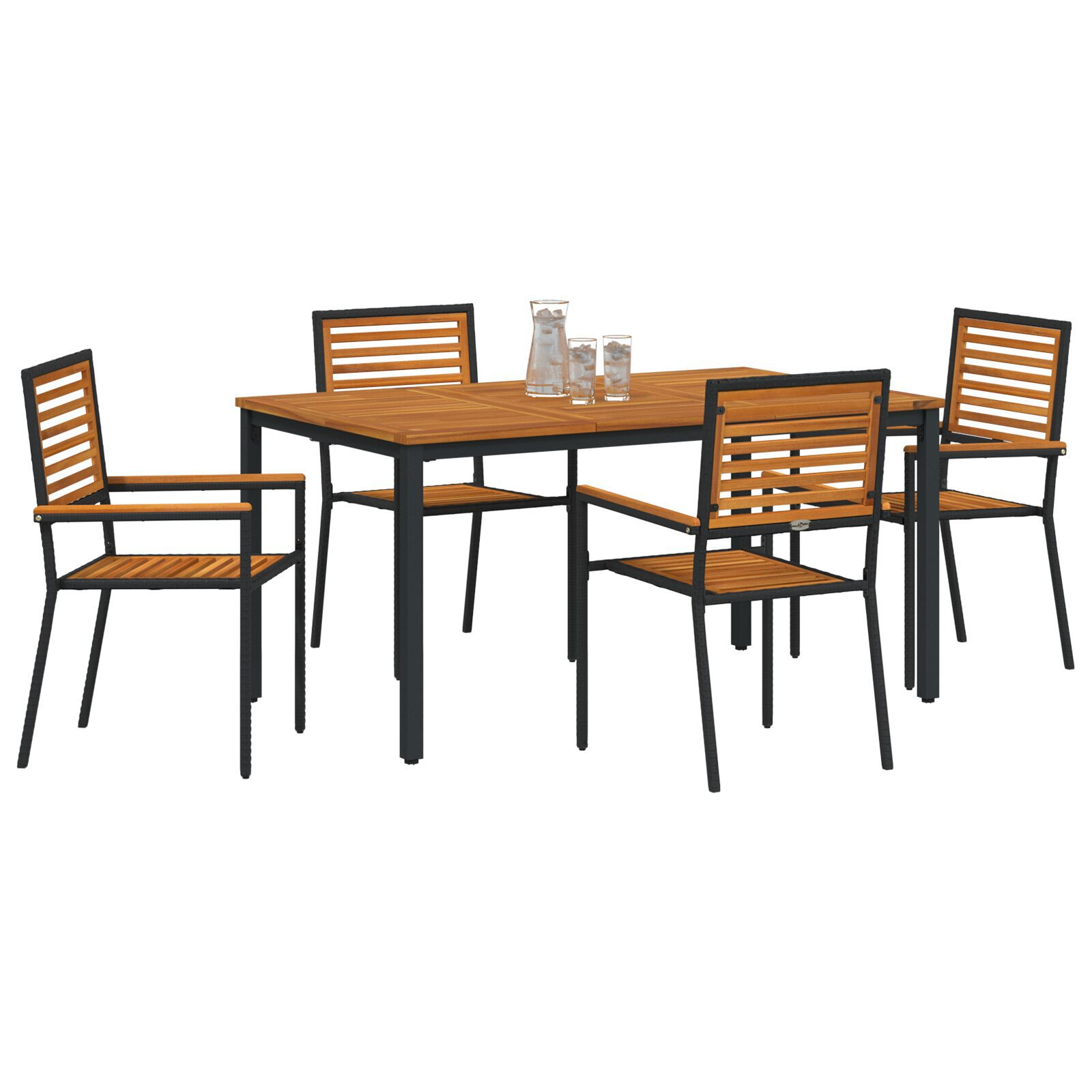 Set de masă pentru grădină din 5 piese Negru Poliratan Acacia, Scaune de grădină stivuite  cu perne 2 buc Negru Poliratan, Masă de grădină  150x90x75 cm Lemn solid Acacia și metal GartenMobel Dekor
