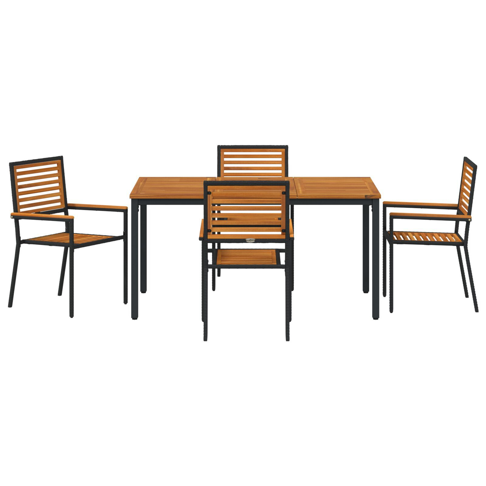 Set de masă pentru grădină din 5 piese Negru Poliratan Acacia, Scaune de grădină stivuite  cu perne 2 buc Negru Poliratan, Masă de grădină  150x90x75 cm Lemn solid Acacia și metal GartenMobel Dekor