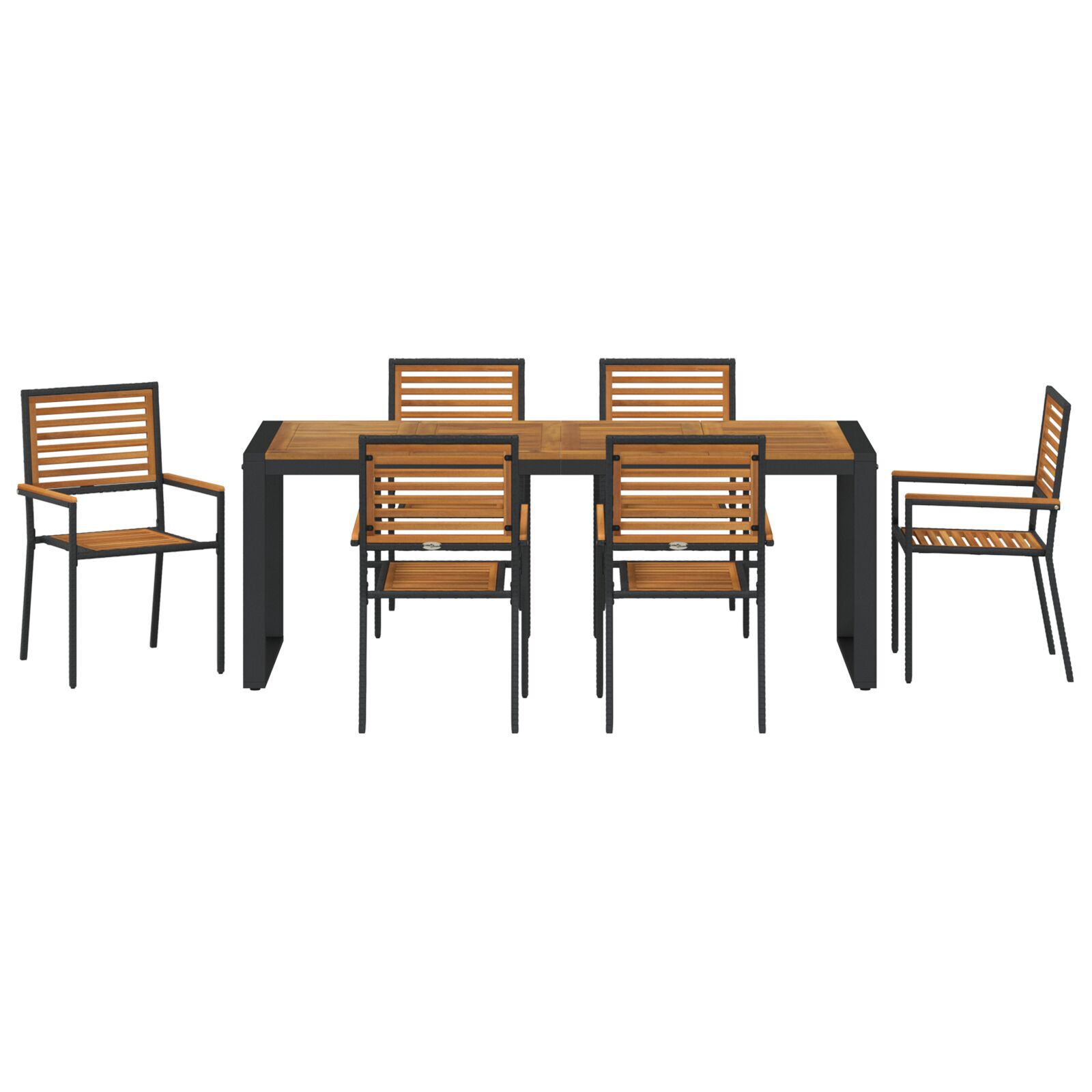 Set Dining Grădină  7 Piese Negru Poly Rattan Acacia, Scaune Grădină Stivuibile  cu Perne 2 buc Negru Poly Rattan GartenMobel Dekor