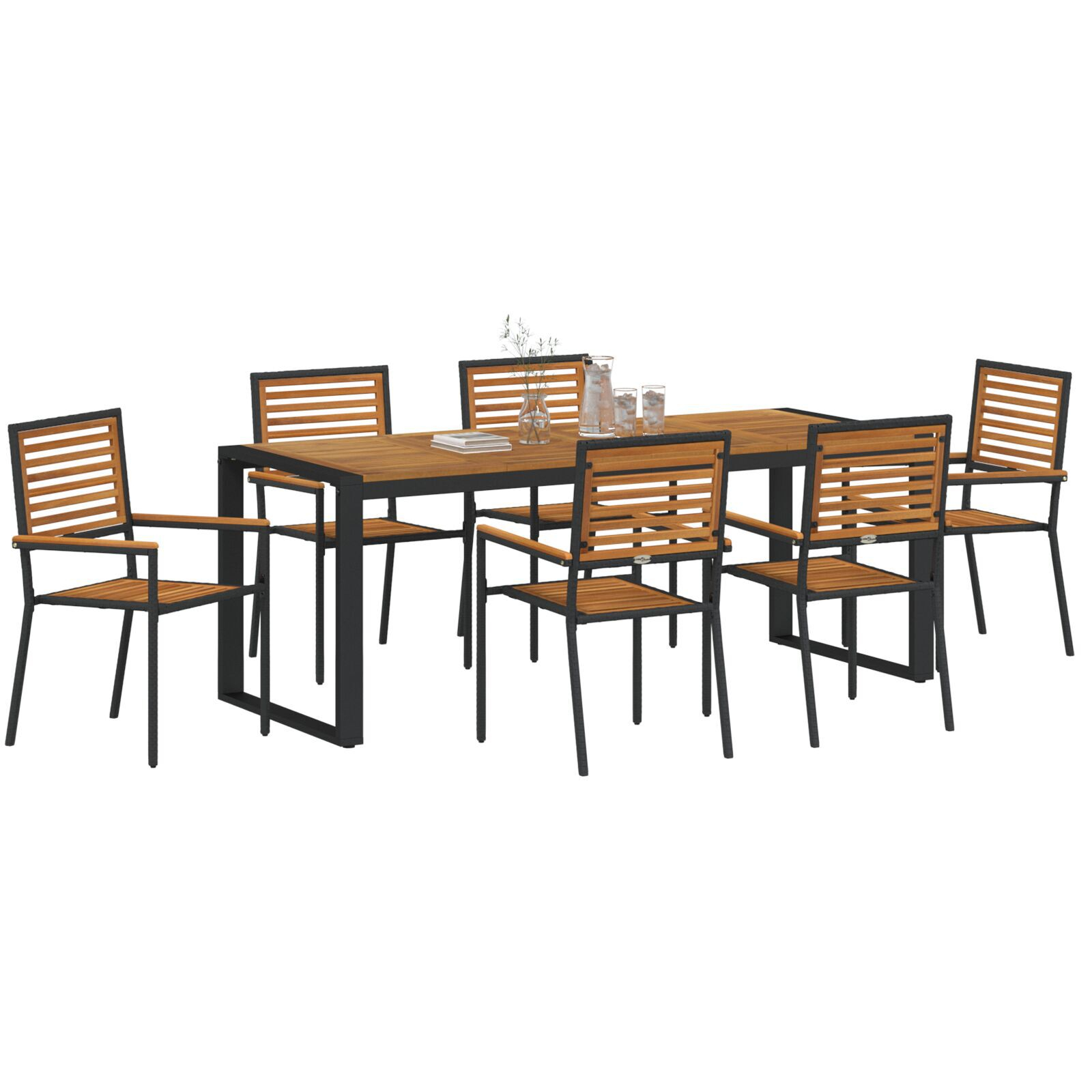 Set Dining Grădină  7 Piese Negru Poly Rattan Acacia, Scaune Grădină Stivuibile  cu Perne 2 buc Negru Poly Rattan GartenMobel Dekor