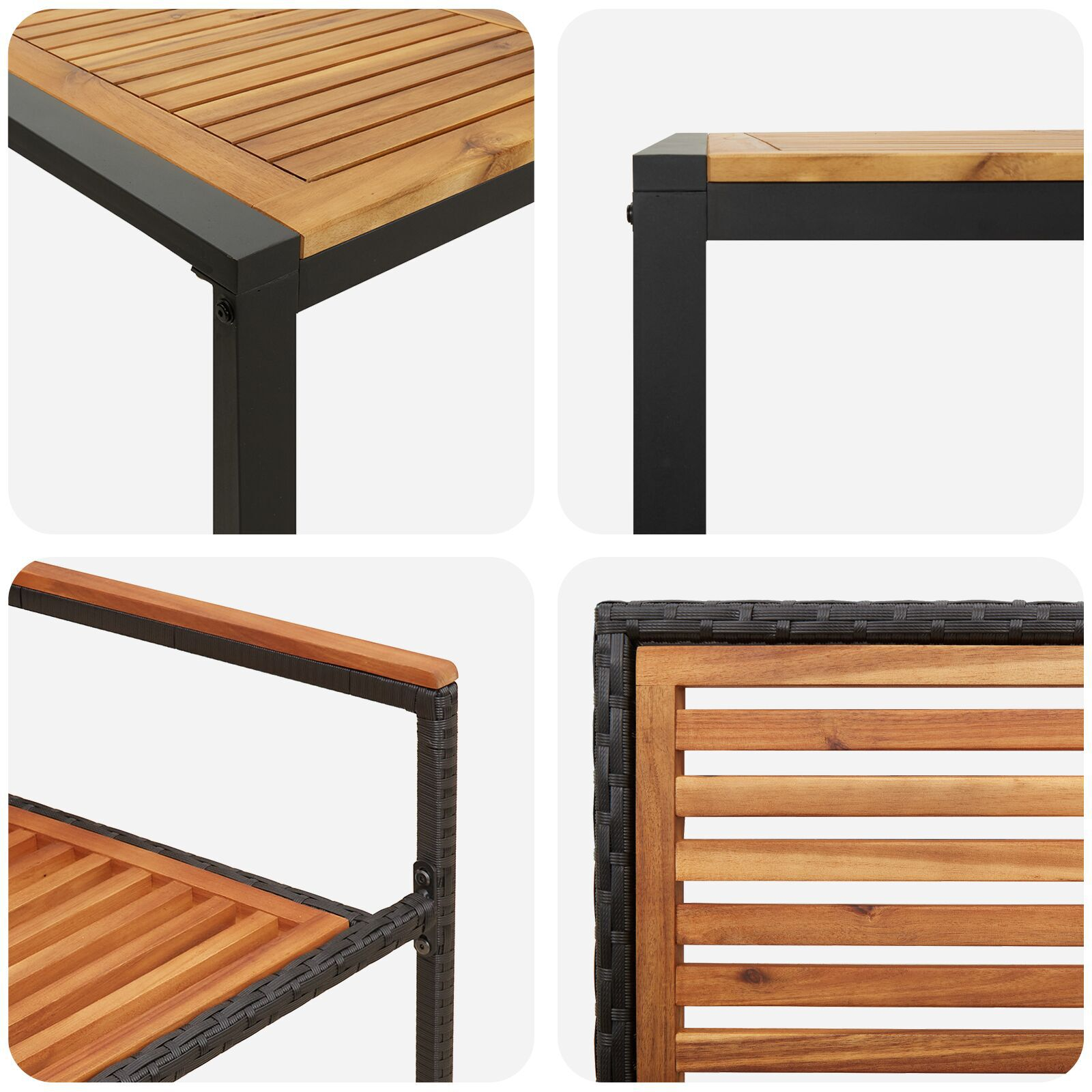 Set Dining Grădină  7 Piese Negru Poly Rattan Acacia, Scaune Grădină Stivuibile  cu Perne 2 buc Negru Poly Rattan GartenMobel Dekor