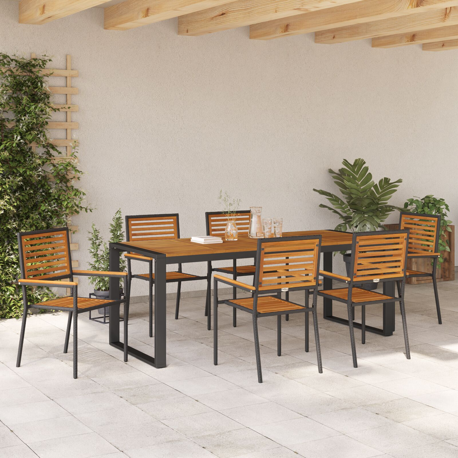 Set Dining Grădină  7 Piese Negru Poly Rattan Acacia, Scaune Grădină Stivuibile  cu Perne 2 buc Negru Poly Rattan GartenMobel Dekor