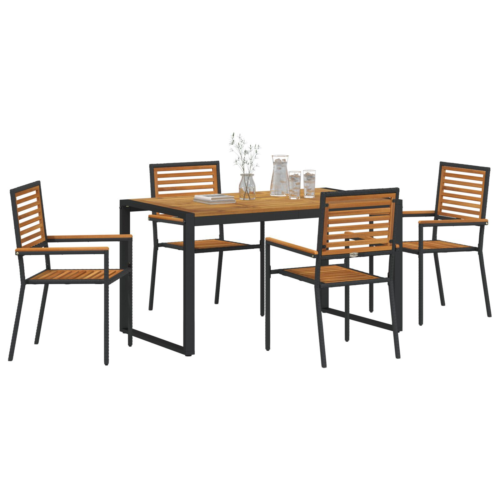 Set Masa Grădină  5 Piese Negru Polirat Acacia, Scaune de Grădină  Stivuibile cu Perne 2 buc Negru Polirat GartenMobel Dekor