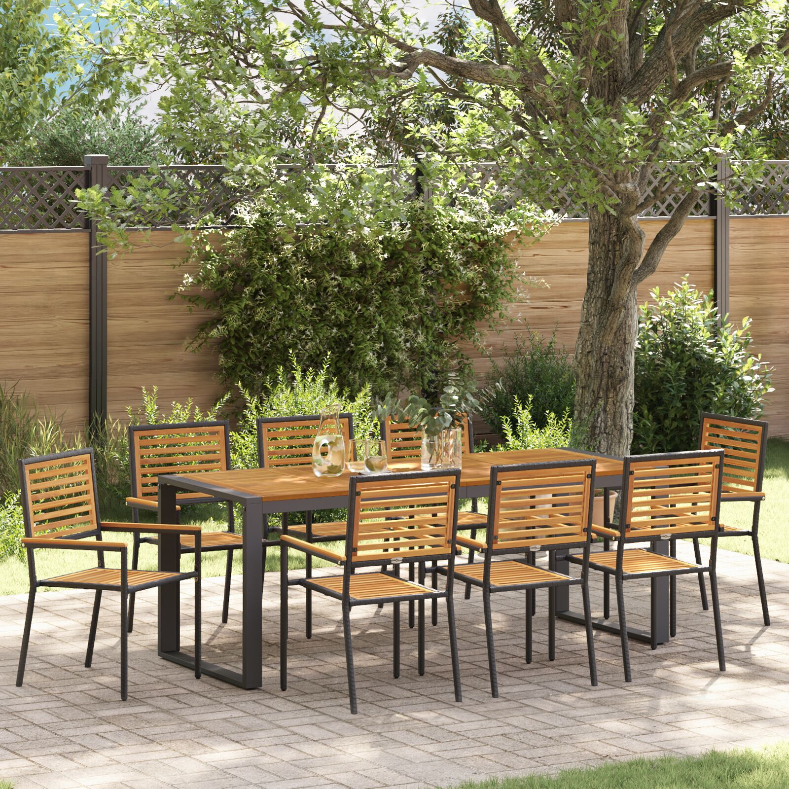 Set Masa Gradina  9 Piese Negru Poly Rattan Acacia, Scaune Gradina Stivuibile  cu Perne 2 buc Negru Poly Rattan GartenMobel Dekor
