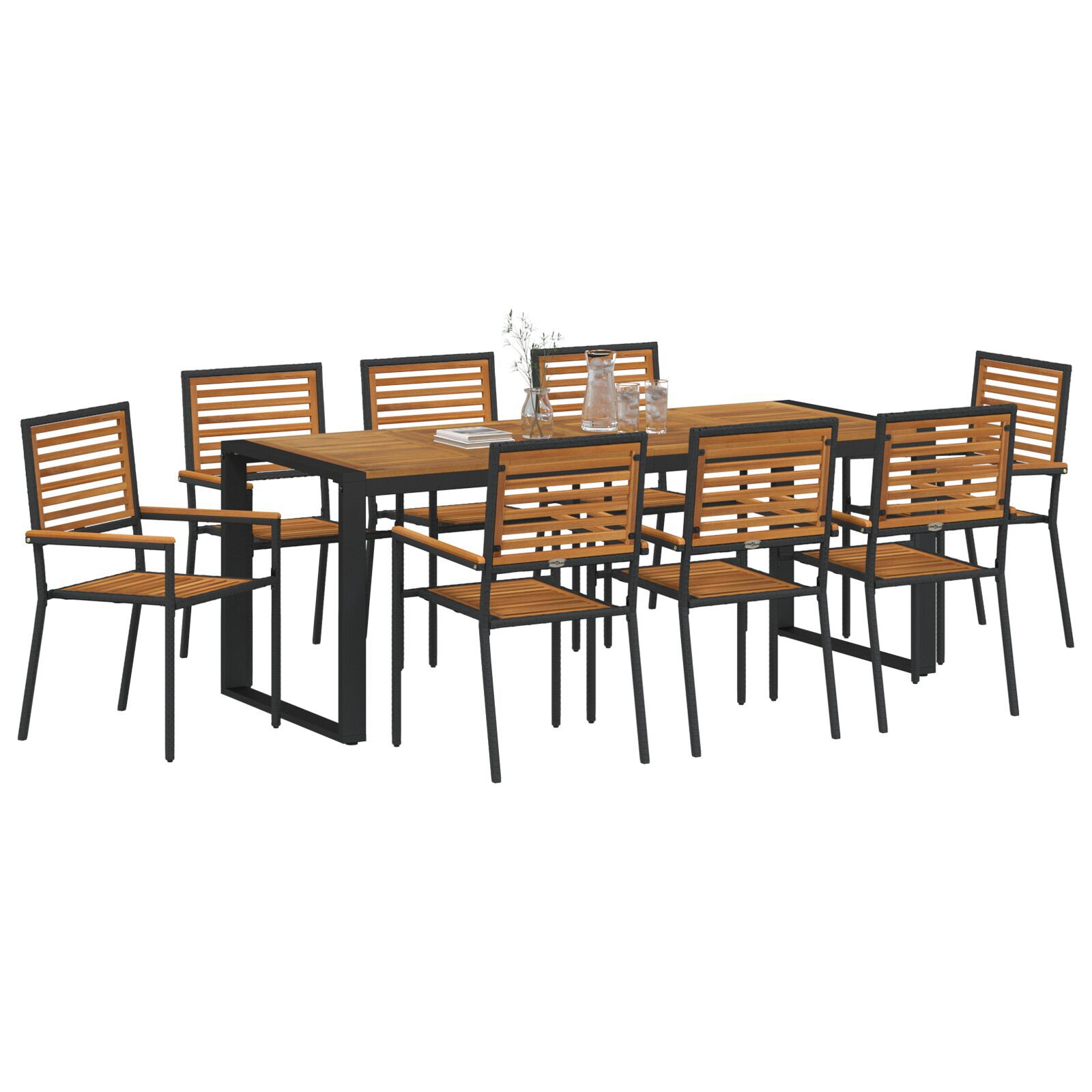 Set Masa Gradina  9 Piese Negru Poly Rattan Acacia, Scaune Gradina Stivuibile  cu Perne 2 buc Negru Poly Rattan GartenMobel Dekor