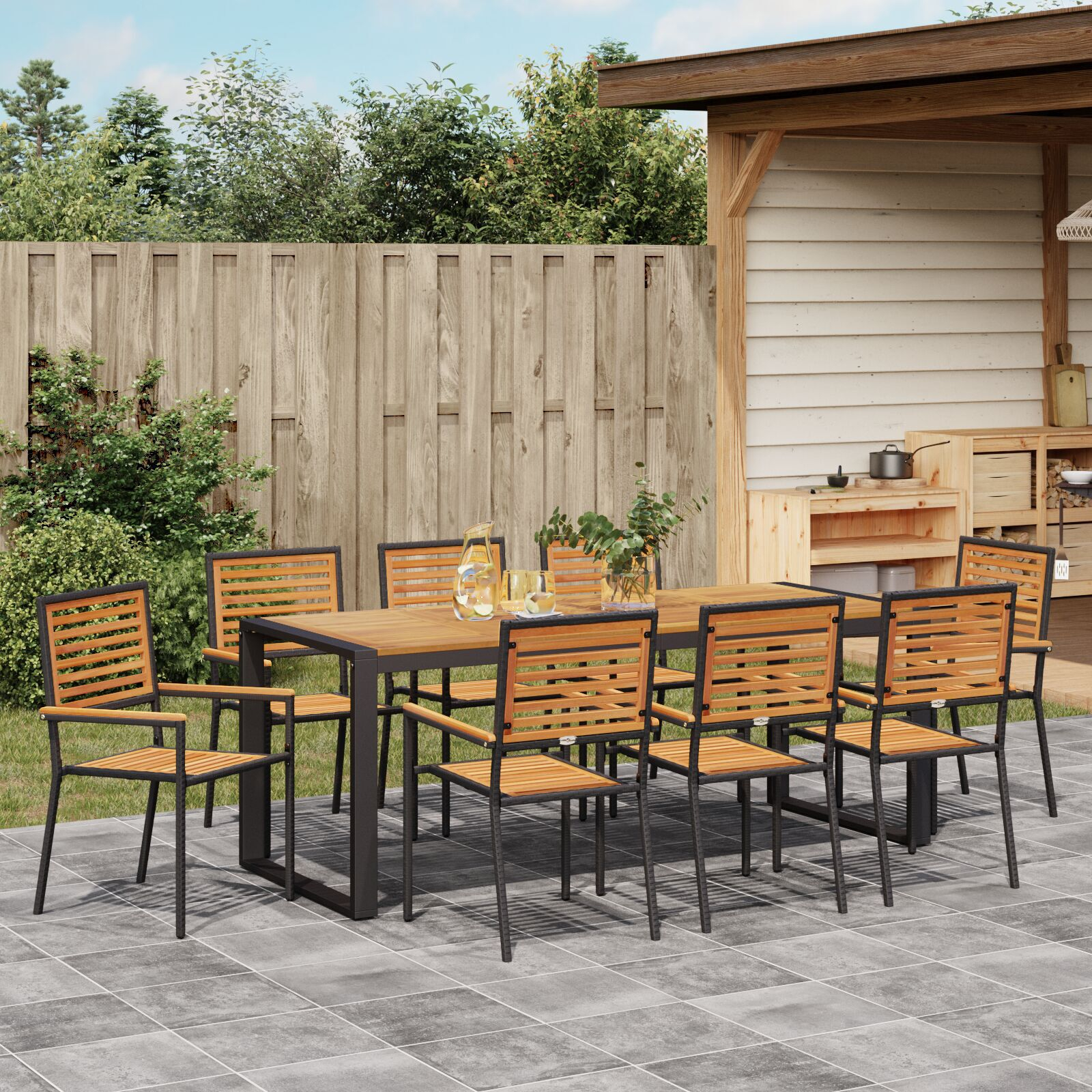 Set Masa Gradina  9 Piese Negru Poly Rattan Acacia, Scaune Gradina Stivuibile  cu Perne 2 buc Negru Poly Rattan GartenMobel Dekor