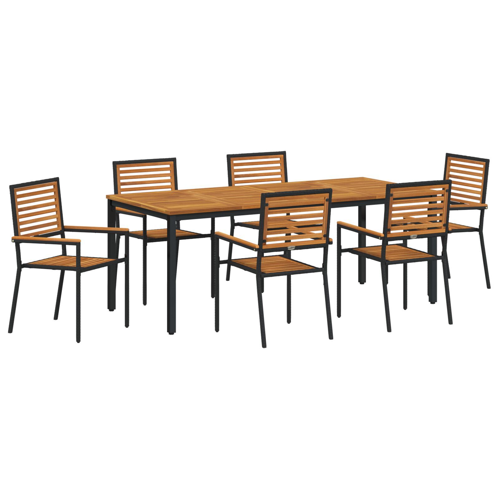Set Mese Grădină  7 Piese Negru Poly Rattan Acacia, Scaune Grădină Stivuibile  cu Perne 2 buc Negru Poly Rattan, Masă Grădină  180x90x75 cm Lemn Solid Acacia și Metal GartenMobel Dekor