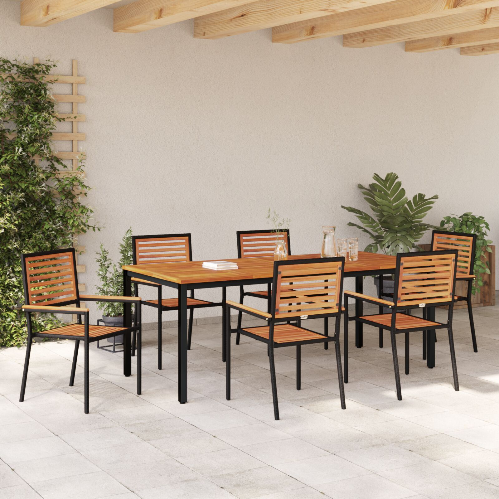 Set Mese Grădină  7 Piese Negru Poly Rattan Acacia, Scaune Grădină Stivuibile  cu Perne 2 buc Negru Poly Rattan, Masă Grădină  180x90x75 cm Lemn Solid Acacia și Metal GartenMobel Dekor