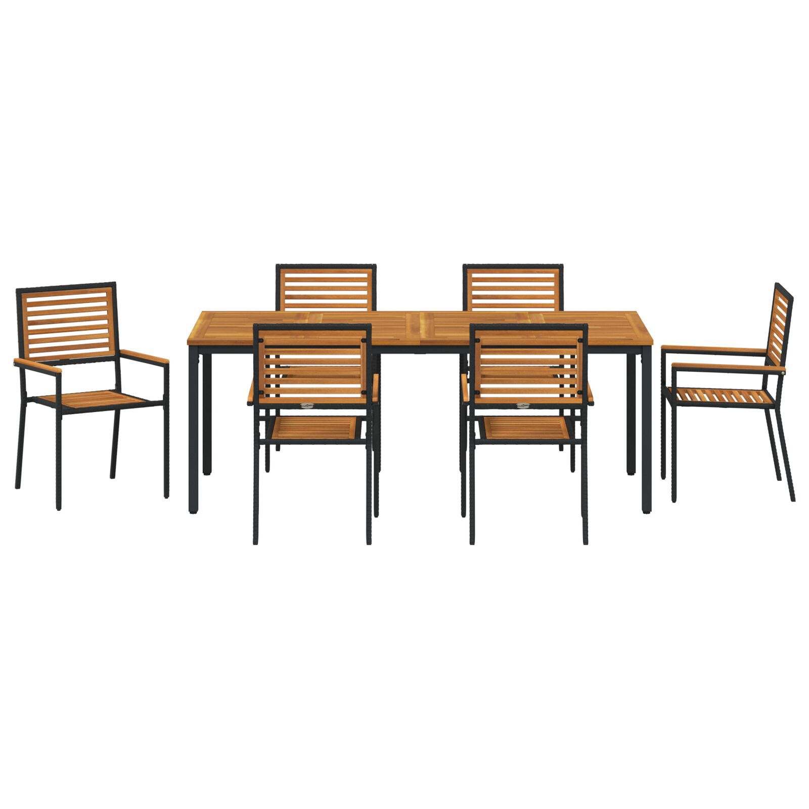 Set Mese Grădină  7 Piese Negru Poly Rattan Acacia, Scaune Grădină Stivuibile  cu Perne 2 buc Negru Poly Rattan, Masă Grădină  180x90x75 cm Lemn Solid Acacia și Metal GartenMobel Dekor