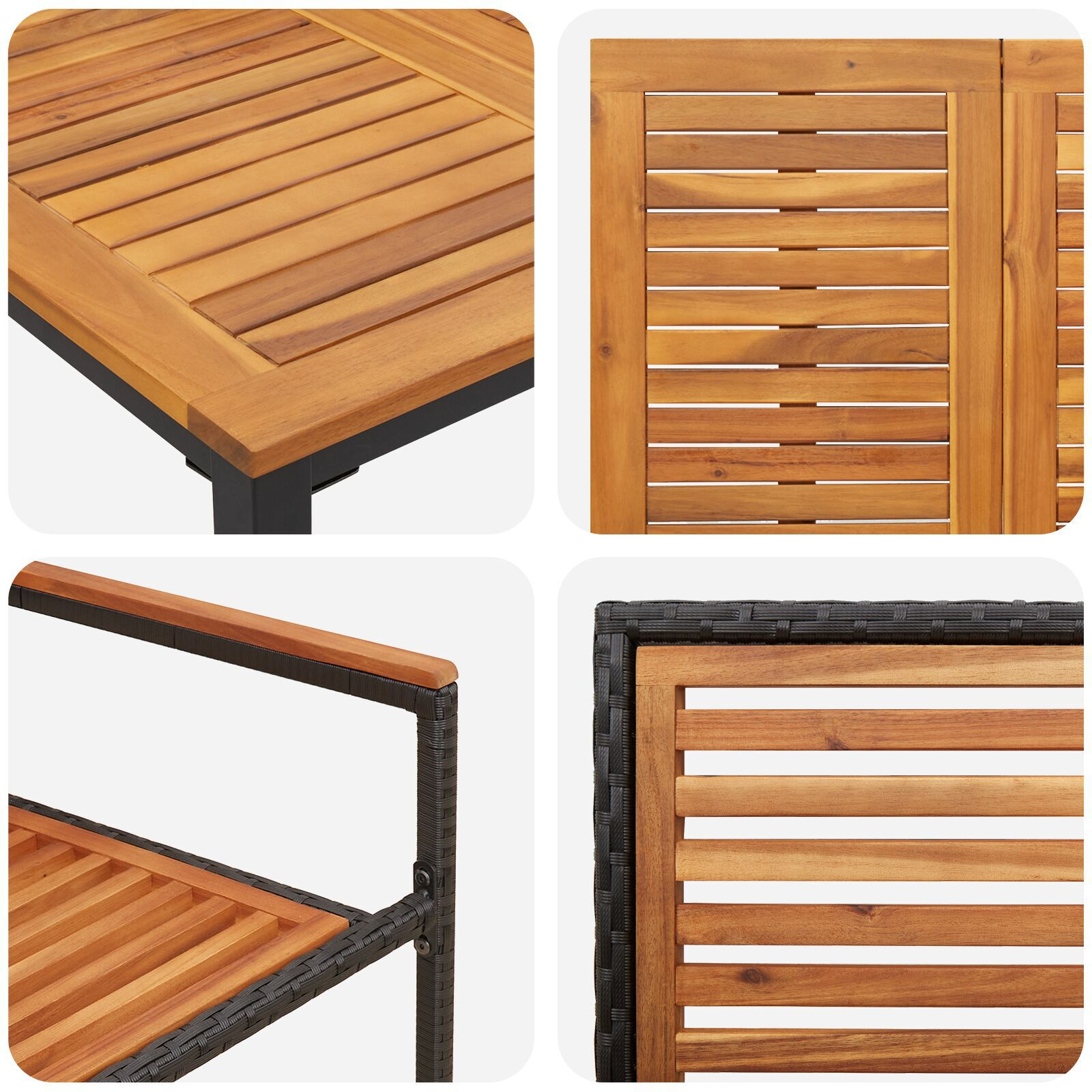 Set Mese Grădină  7 Piese Negru Poly Rattan Acacia, Scaune Grădină Stivuibile  cu Perne 2 buc Negru Poly Rattan, Masă Grădină  180x90x75 cm Lemn Solid Acacia și Metal GartenMobel Dekor