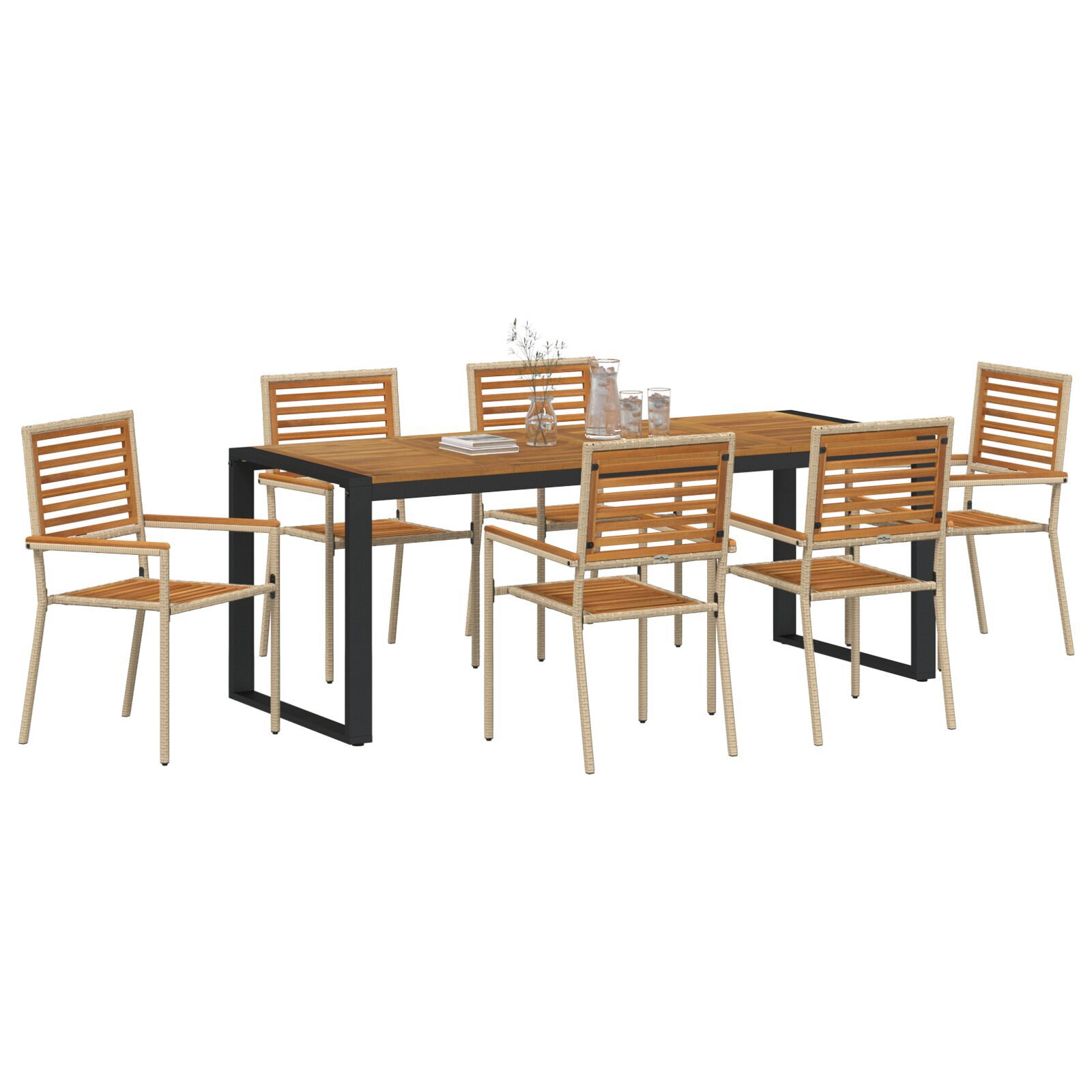 Set de Masă pentru Grădină  cu 7 Piese Bej din Ratan Poliester Acacia, Scaune Grădină Stivuibile cu Pernuțe - Set de 2 în Bej din Ratan Poliester GartenMobel Dekor