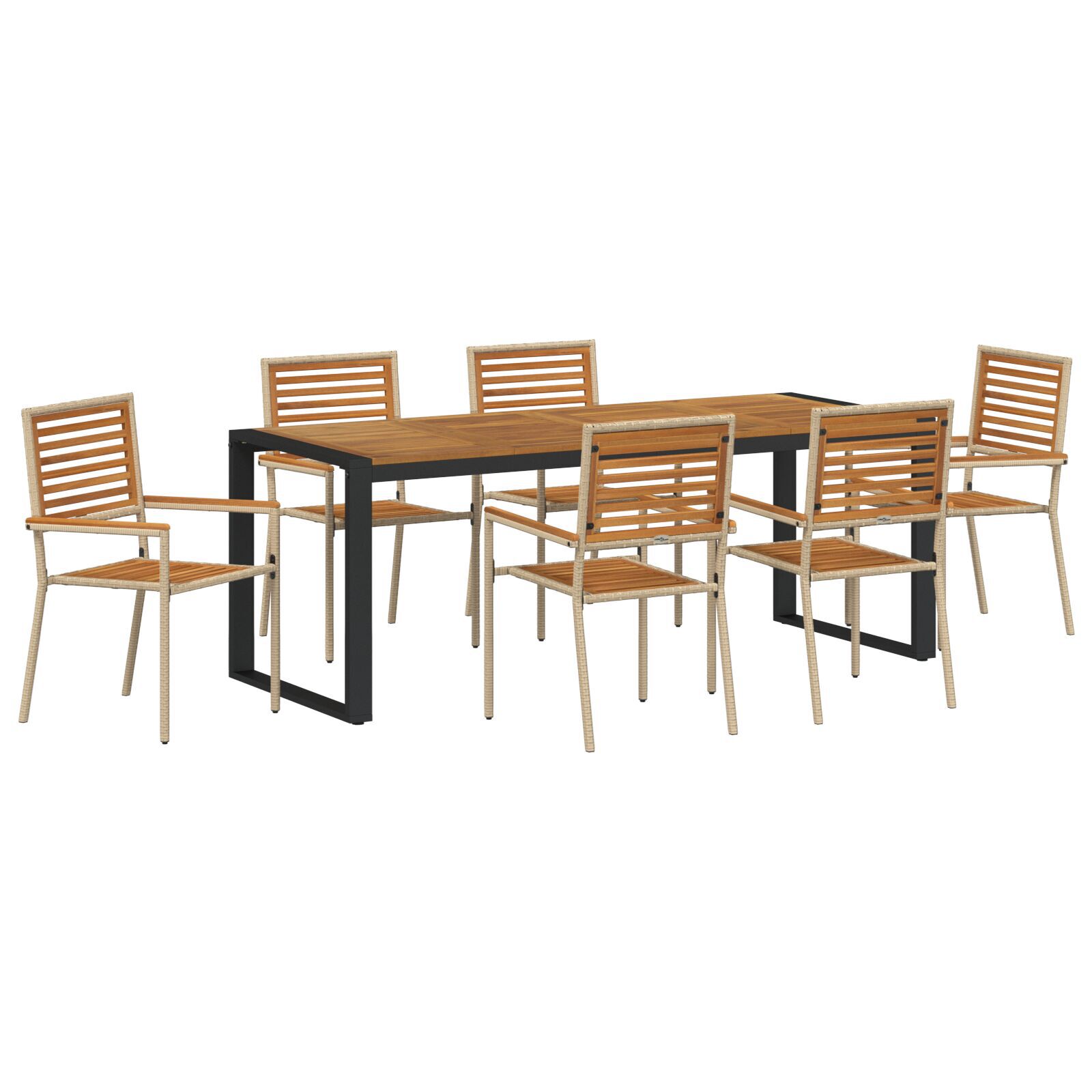Set de Masă pentru Grădină  cu 7 Piese Bej din Ratan Poliester Acacia, Scaune Grădină Stivuibile cu Pernuțe - Set de 2 în Bej din Ratan Poliester GartenMobel Dekor