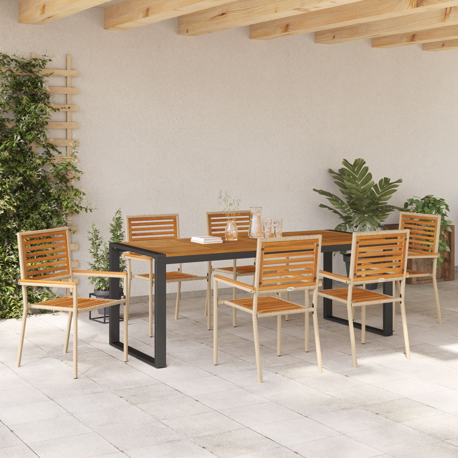 Set de Masă pentru Grădină  cu 7 Piese Bej din Ratan Poliester Acacia, Scaune Grădină Stivuibile cu Pernuțe - Set de 2 în Bej din Ratan Poliester GartenMobel Dekor
