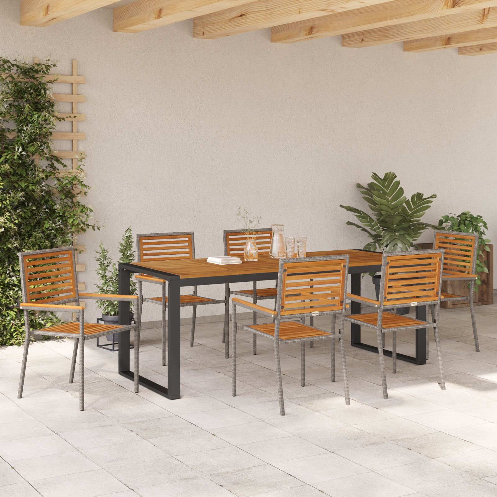Set de dining pentru grădină  7 piese Gri Poliratan Acacia, Scaune stivuibile pentru grădină  cu perne 2 buc Gri Poliratan GartenMobel Dekor
