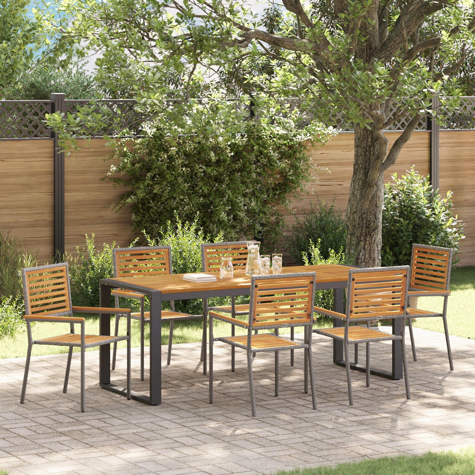 Set de dining pentru grădină  7 piese Gri Poliratan Acacia, Scaune stivuibile pentru grădină  cu perne 2 buc Gri Poliratan GartenMobel Dekor