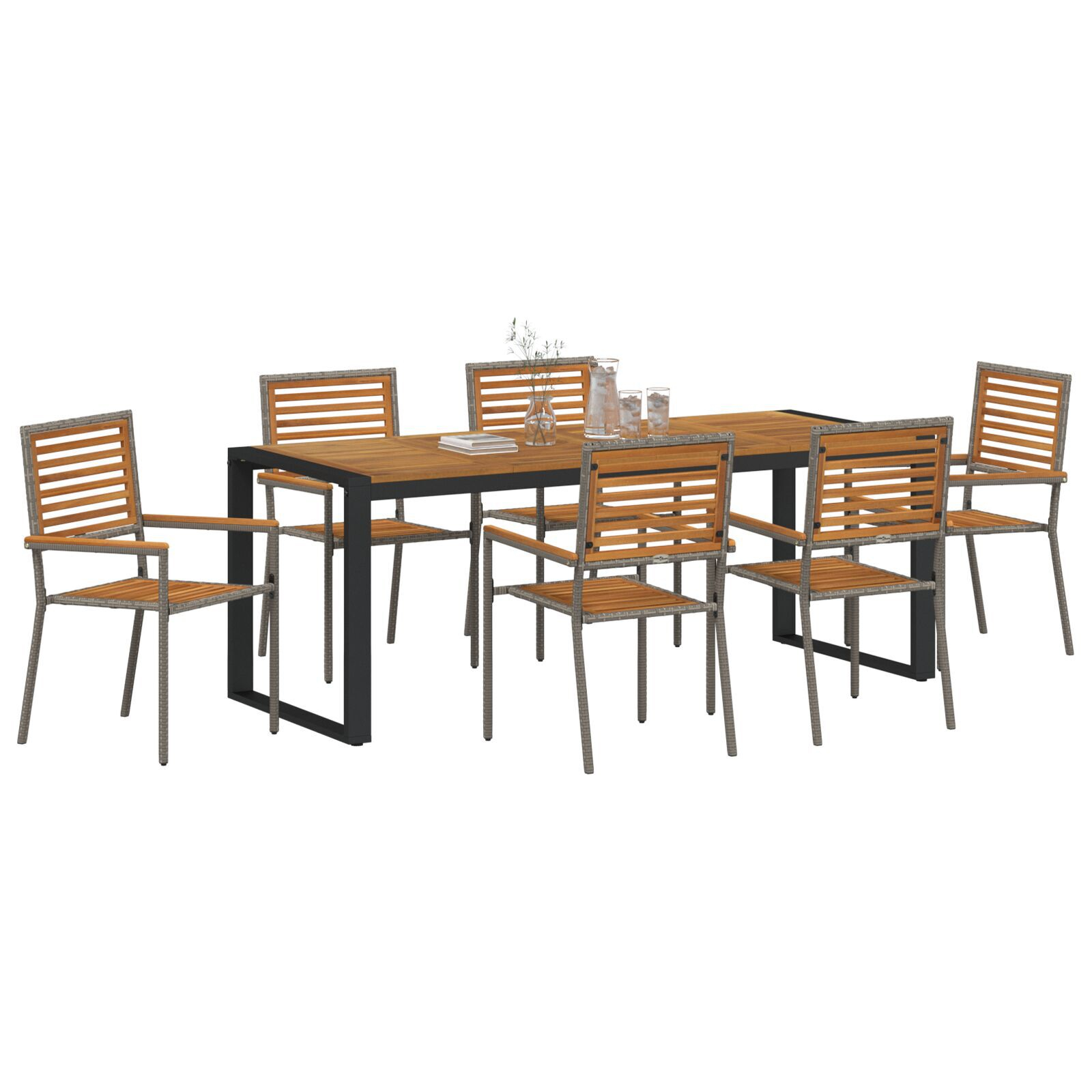Set de dining pentru grădină  7 piese Gri Poliratan Acacia, Scaune stivuibile pentru grădină  cu perne 2 buc Gri Poliratan GartenMobel Dekor
