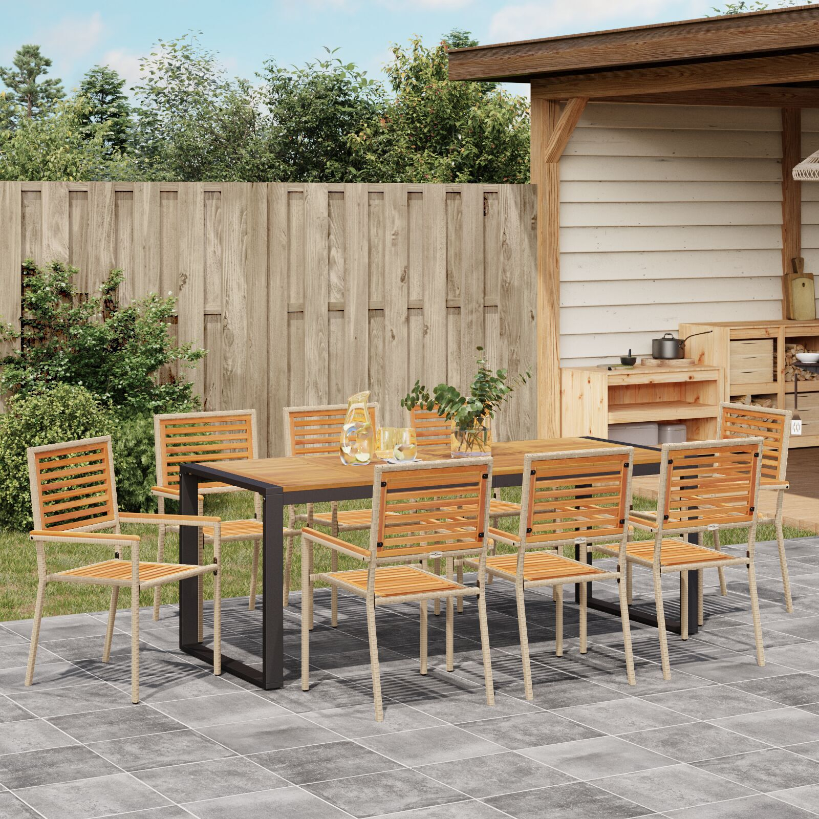 Set de dining pentru grădină  9 Piese Bej Ratan Poliratan Acacia, Scaune de grădină stivuibile  cu perne - Set de 2 în Bej Ratan Poliratan GartenMobel Dekor