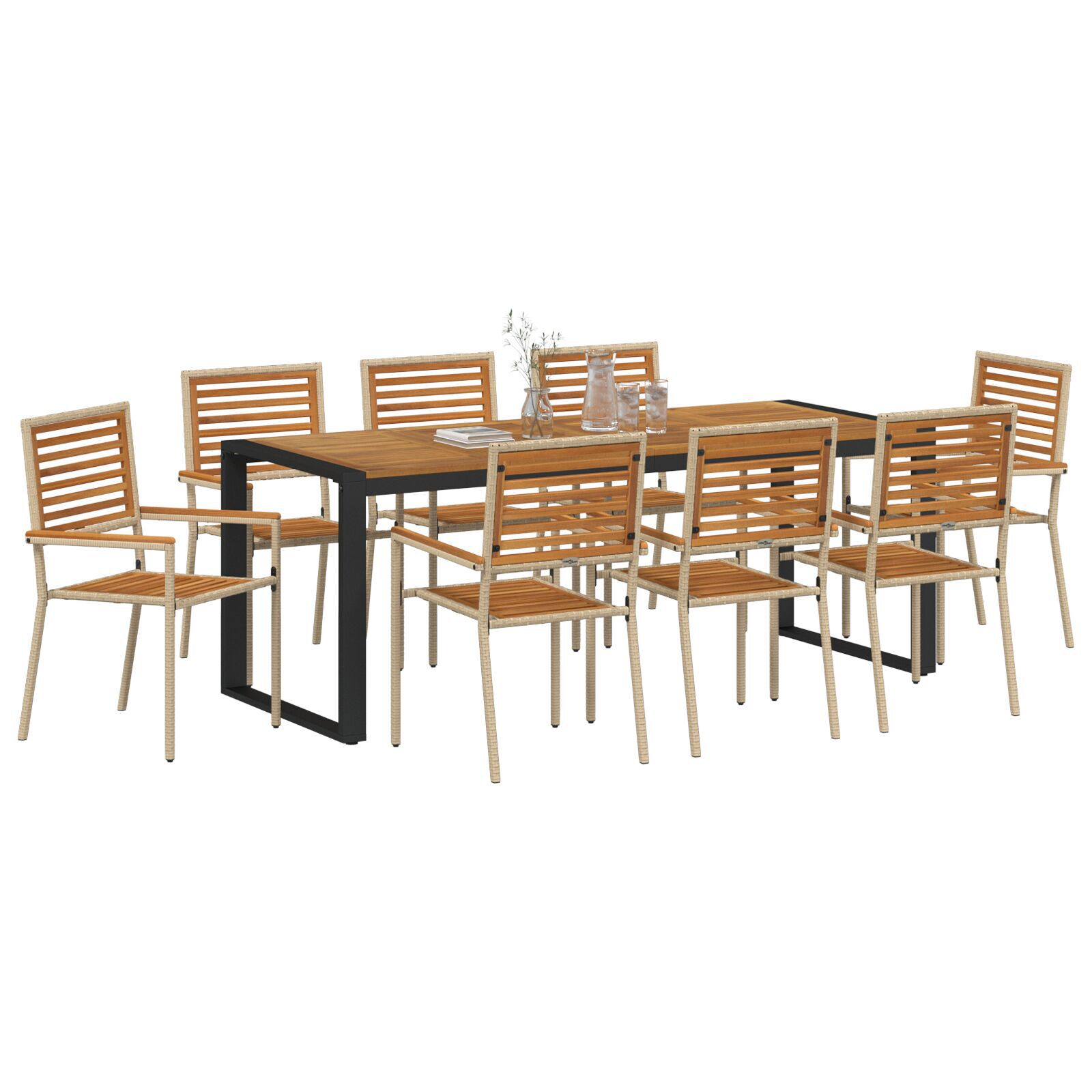Set de dining pentru grădină  9 Piese Bej Ratan Poliratan Acacia, Scaune de grădină stivuibile  cu perne - Set de 2 în Bej Ratan Poliratan GartenMobel Dekor
