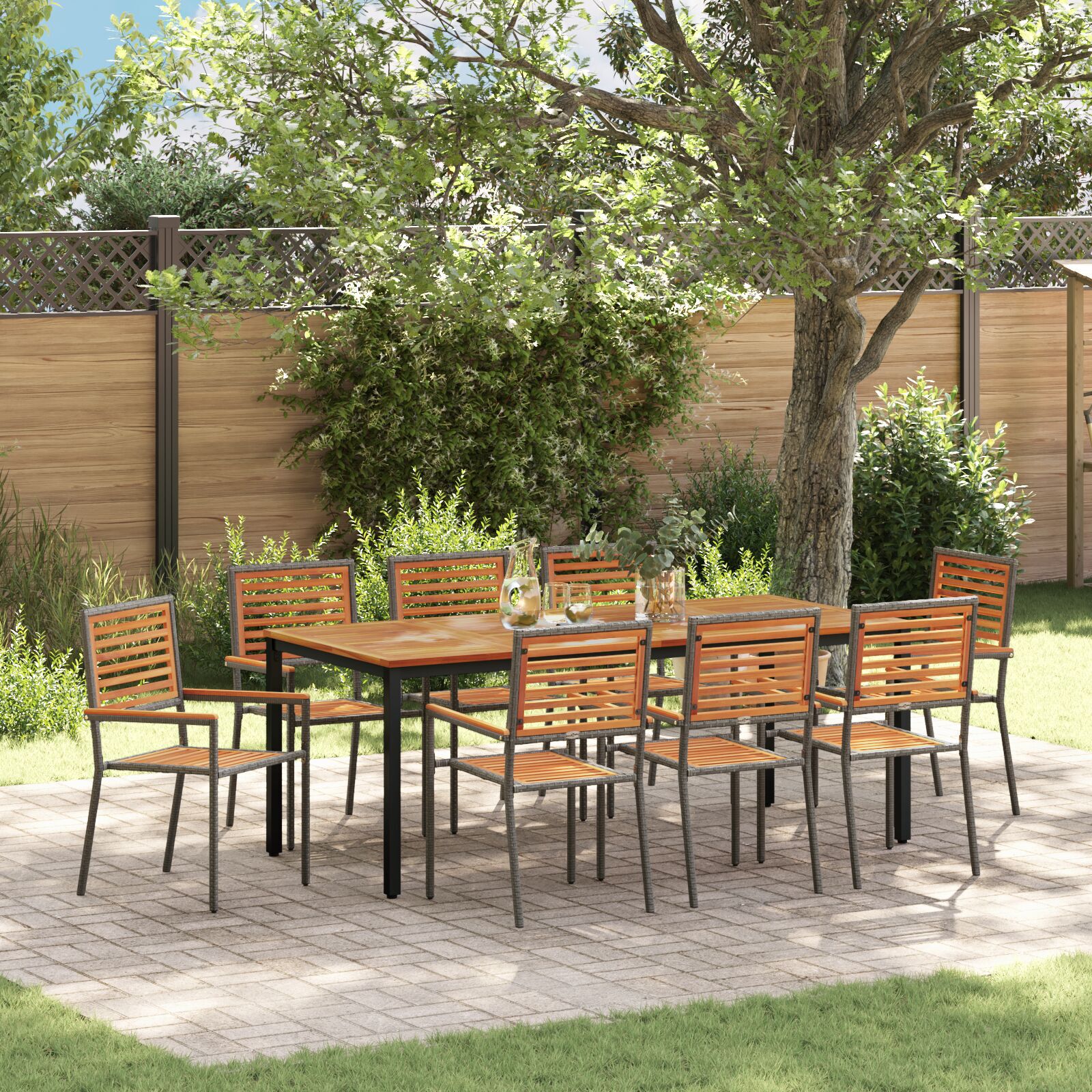 Set de dining pentru grădină  9 piese Gri Rattan Acacia, Scaune de grădină stivuibile  cu perne 2 buc Gri Rattan, Masă de grădină  200x90x75 cm Lemn Solid de Acacia și Metal GartenMobel Dekor