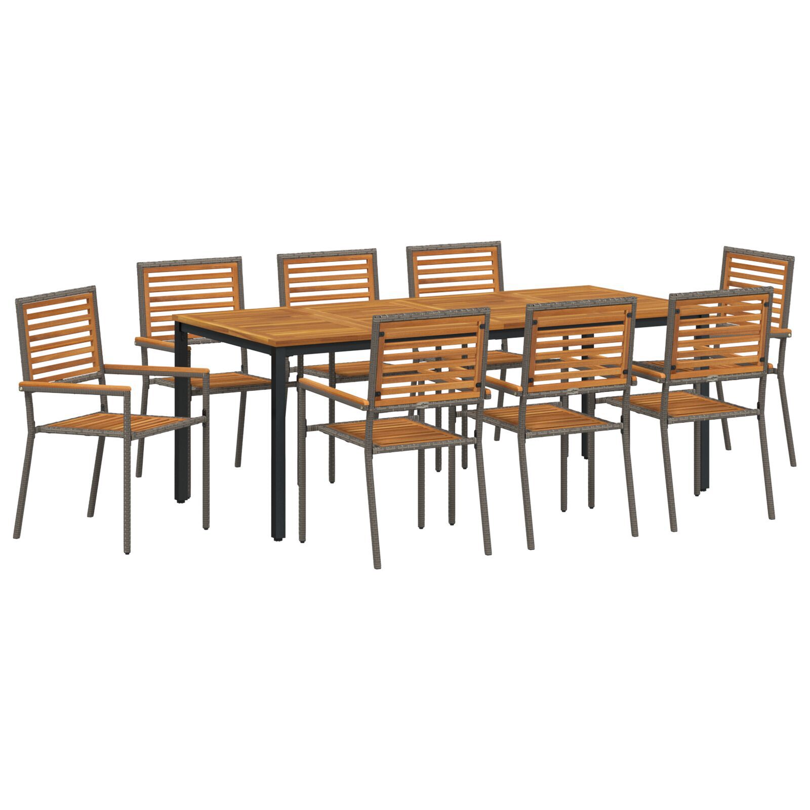 Set de dining pentru grădină  9 piese Gri Rattan Acacia, Scaune de grădină stivuibile  cu perne 2 buc Gri Rattan, Masă de grădină  200x90x75 cm Lemn Solid de Acacia și Metal GartenMobel Dekor