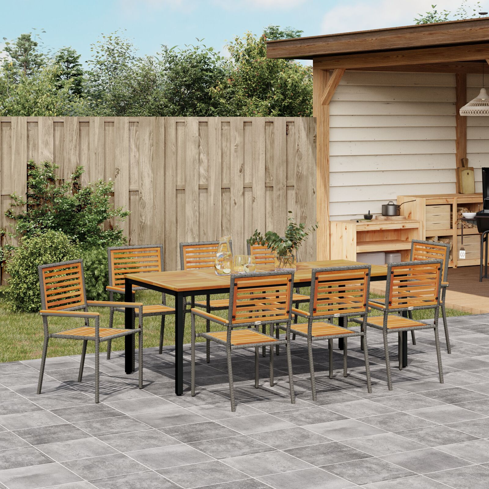 Set de dining pentru grădină  9 piese Gri Rattan Acacia, Scaune de grădină stivuibile  cu perne 2 buc Gri Rattan, Masă de grădină  200x90x75 cm Lemn Solid de Acacia și Metal GartenMobel Dekor