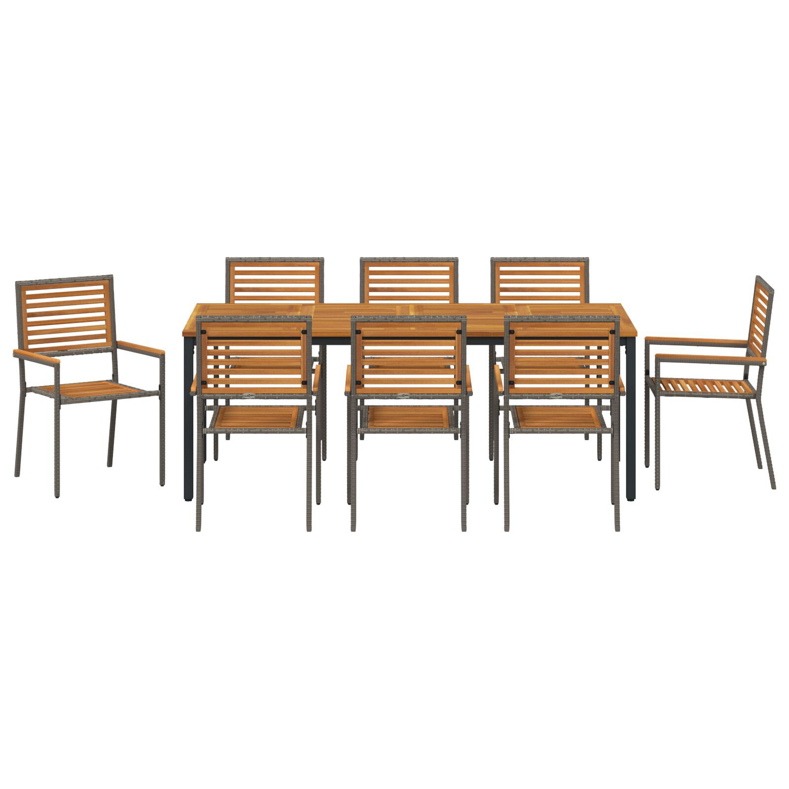 Set de dining pentru grădină  9 piese Gri Rattan Acacia, Scaune de grădină stivuibile  cu perne 2 buc Gri Rattan, Masă de grădină  200x90x75 cm Lemn Solid de Acacia și Metal GartenMobel Dekor
