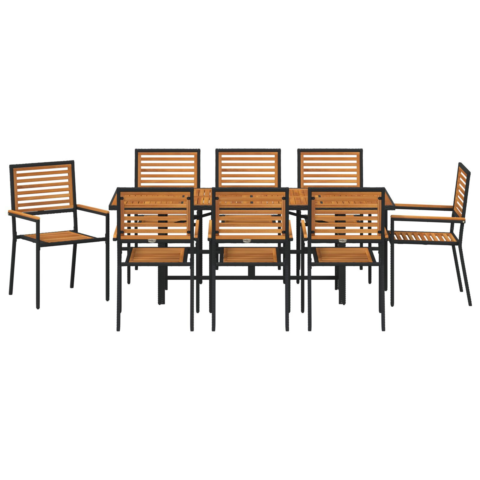 Set de mese pentru grădină  9 piese Negru Rattan de Poliție Acacia, Scaune pentru grădină stivuibile  cu perne 2 buc Negru Rattan de Poliție GartenMobel Dekor