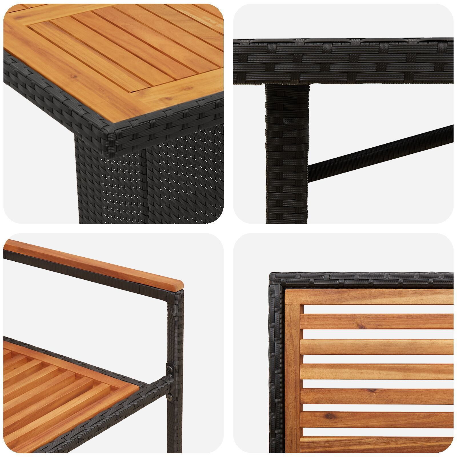 Set de mese pentru grădină  9 piese Negru Rattan de Poliție Acacia, Scaune pentru grădină stivuibile  cu perne 2 buc Negru Rattan de Poliție GartenMobel Dekor