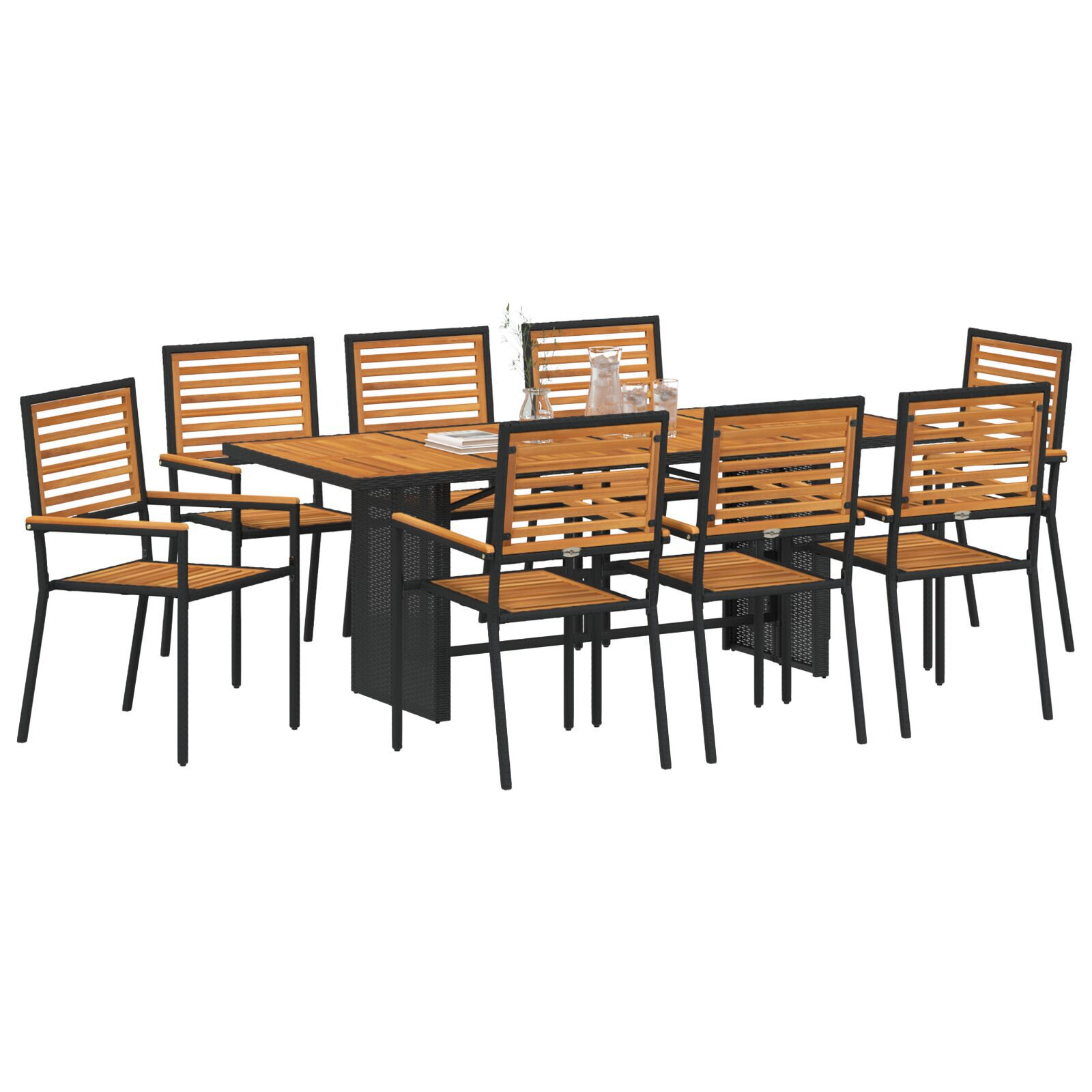 Set de mese pentru grădină  9 piese Negru Rattan de Poliție Acacia, Scaune pentru grădină stivuibile  cu perne 2 buc Negru Rattan de Poliție GartenMobel Dekor