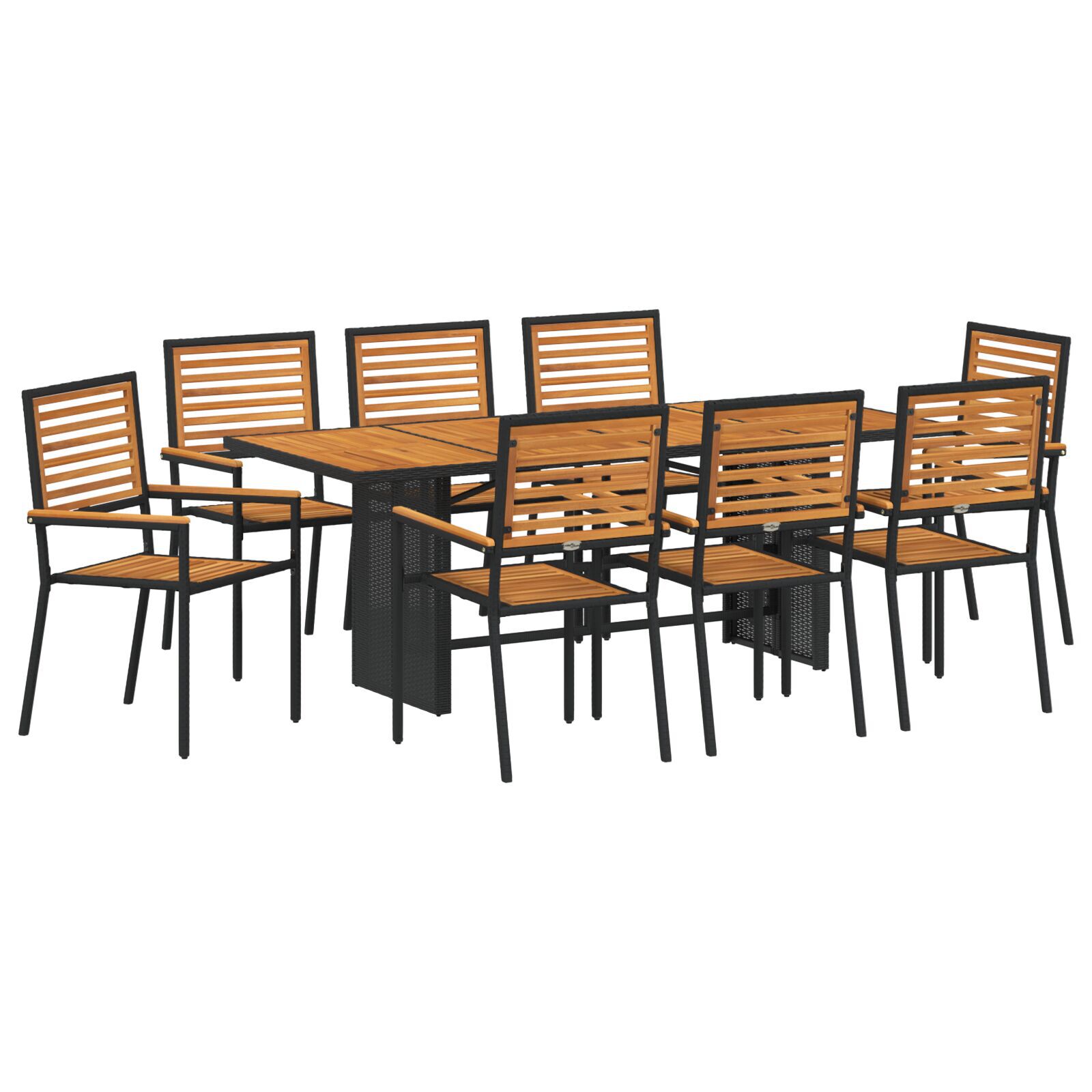 Set de mese pentru grădină  9 piese Negru Rattan de Poliție Acacia, Scaune pentru grădină stivuibile  cu perne 2 buc Negru Rattan de Poliție GartenMobel Dekor