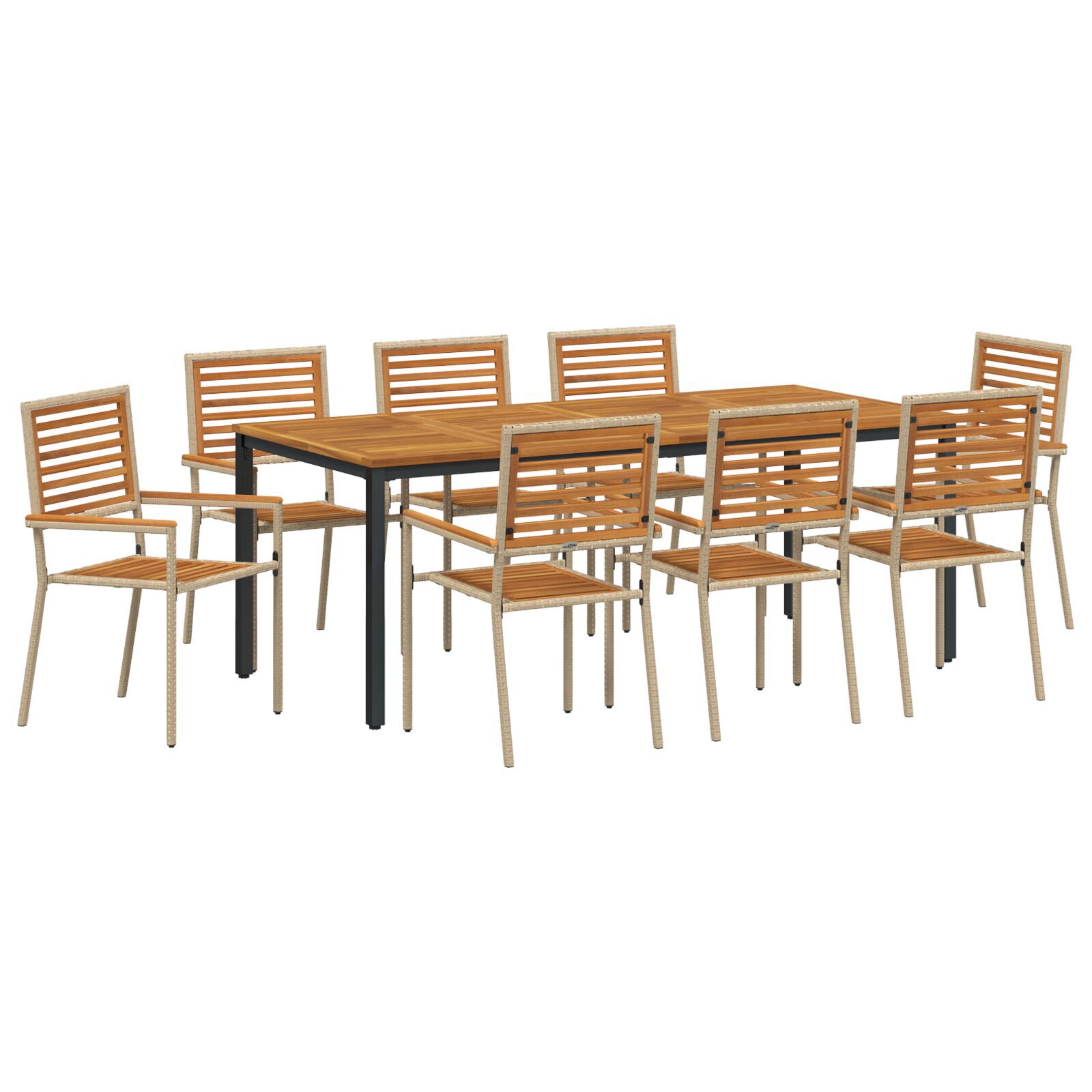 Set de mese pentru grădină  9 piese Poliratan bej Acacia, Scaune grădină  cu perne - Set de 2 în poliratan bej, Masă grădină  200x90x75 cm din lemn solid de Acacia și metal GartenMobel Dekor