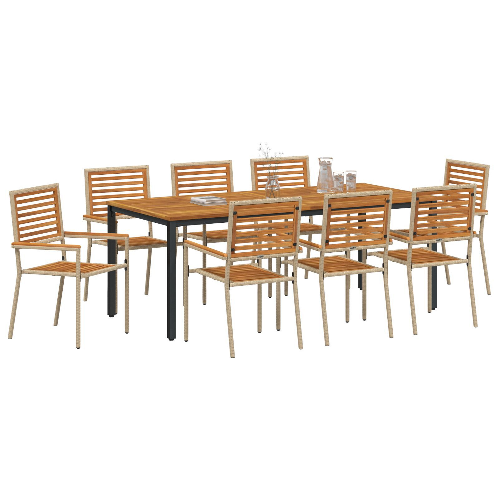 Set de mese pentru grădină  9 piese Poliratan bej Acacia, Scaune grădină  cu perne - Set de 2 în poliratan bej, Masă grădină  200x90x75 cm din lemn solid de Acacia și metal GartenMobel Dekor