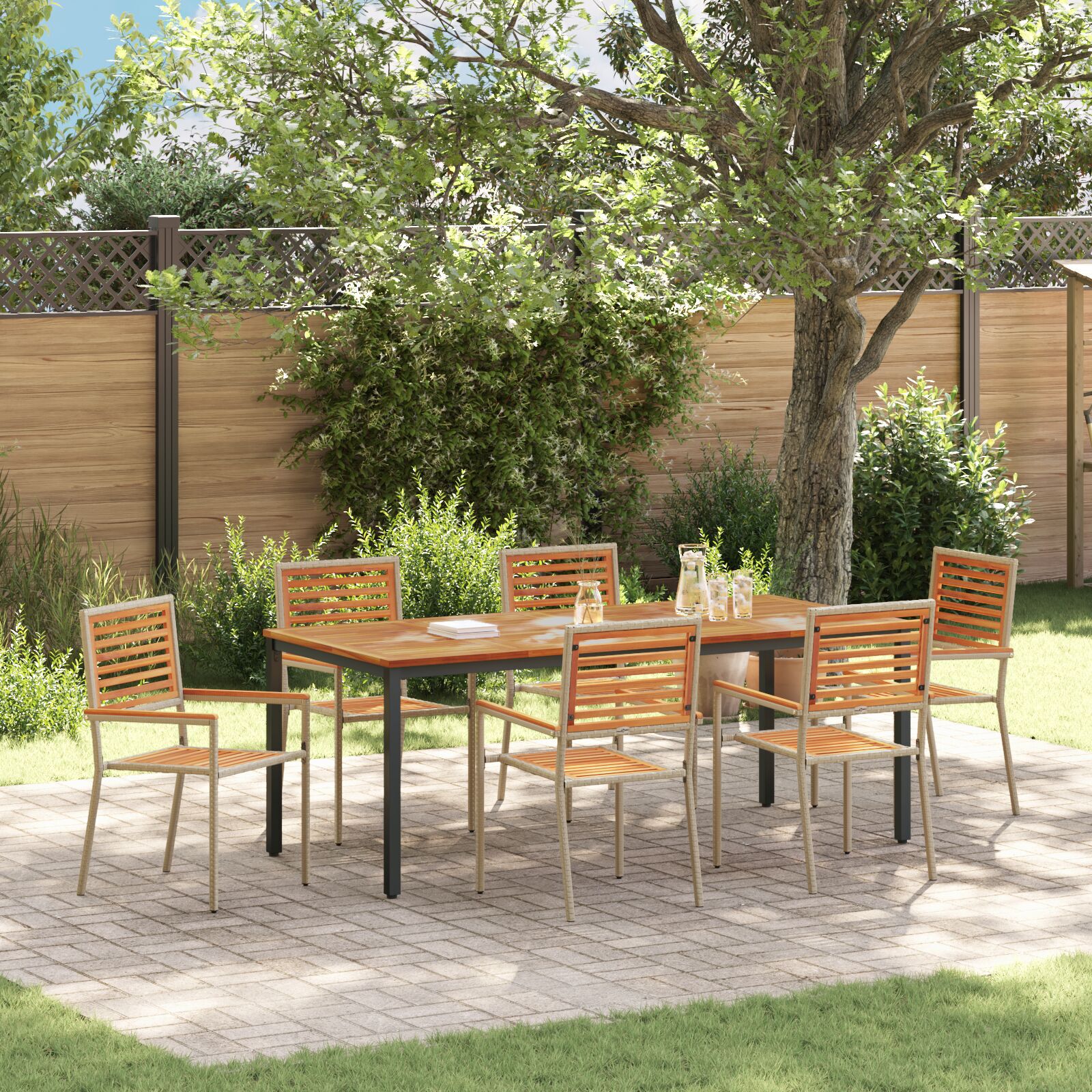 Set mese grădină  7 piese Bej din ratan poliester și acacia, Scaune grădină  stivuibile cu perne - Set 2 Bej din ratan poliester, Masă grădină  180x90x75 cm din lemn acacia și metal GartenMobel Dekor