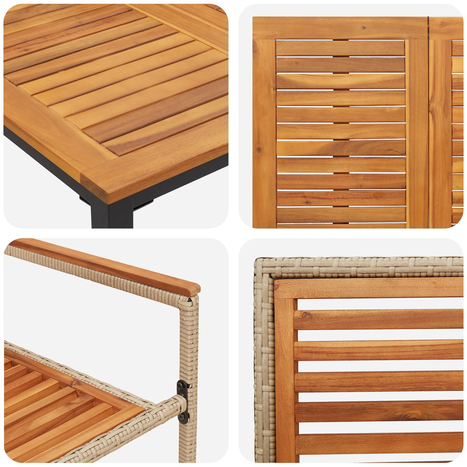 Set mese grădină  7 piese Bej din ratan poliester și acacia, Scaune grădină  stivuibile cu perne - Set 2 Bej din ratan poliester, Masă grădină  180x90x75 cm din lemn acacia și metal GartenMobel Dekor
