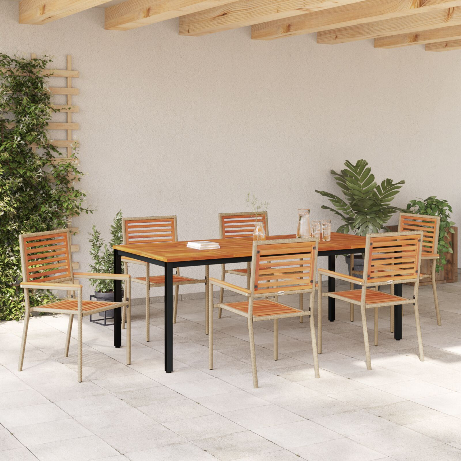 Set mese grădină  7 piese Bej din ratan poliester și acacia, Scaune grădină  stivuibile cu perne - Set 2 Bej din ratan poliester, Masă grădină  180x90x75 cm din lemn acacia și metal GartenMobel Dekor