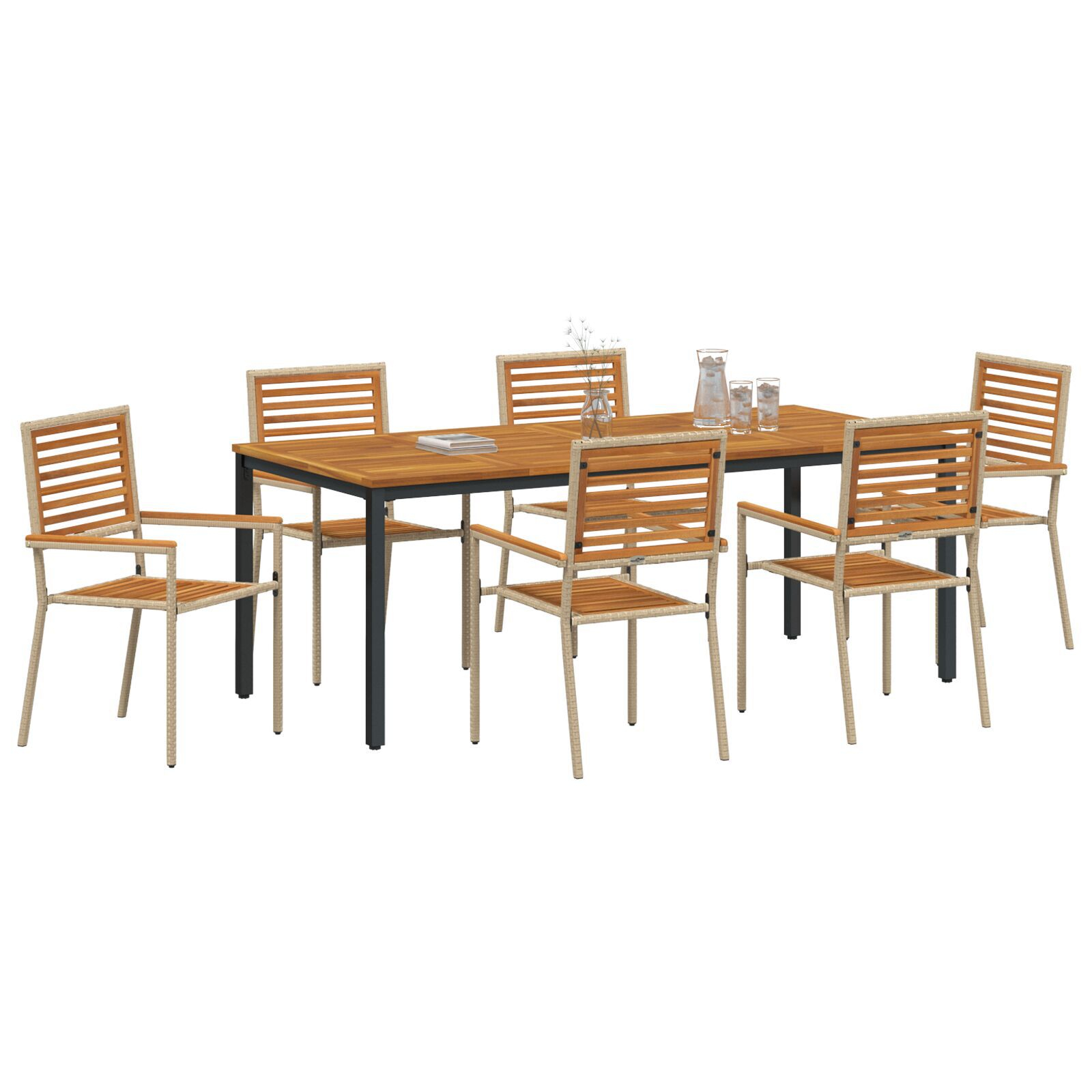 Set mese grădină  7 piese Bej din ratan poliester și acacia, Scaune grădină  stivuibile cu perne - Set 2 Bej din ratan poliester, Masă grădină  180x90x75 cm din lemn acacia și metal GartenMobel Dekor