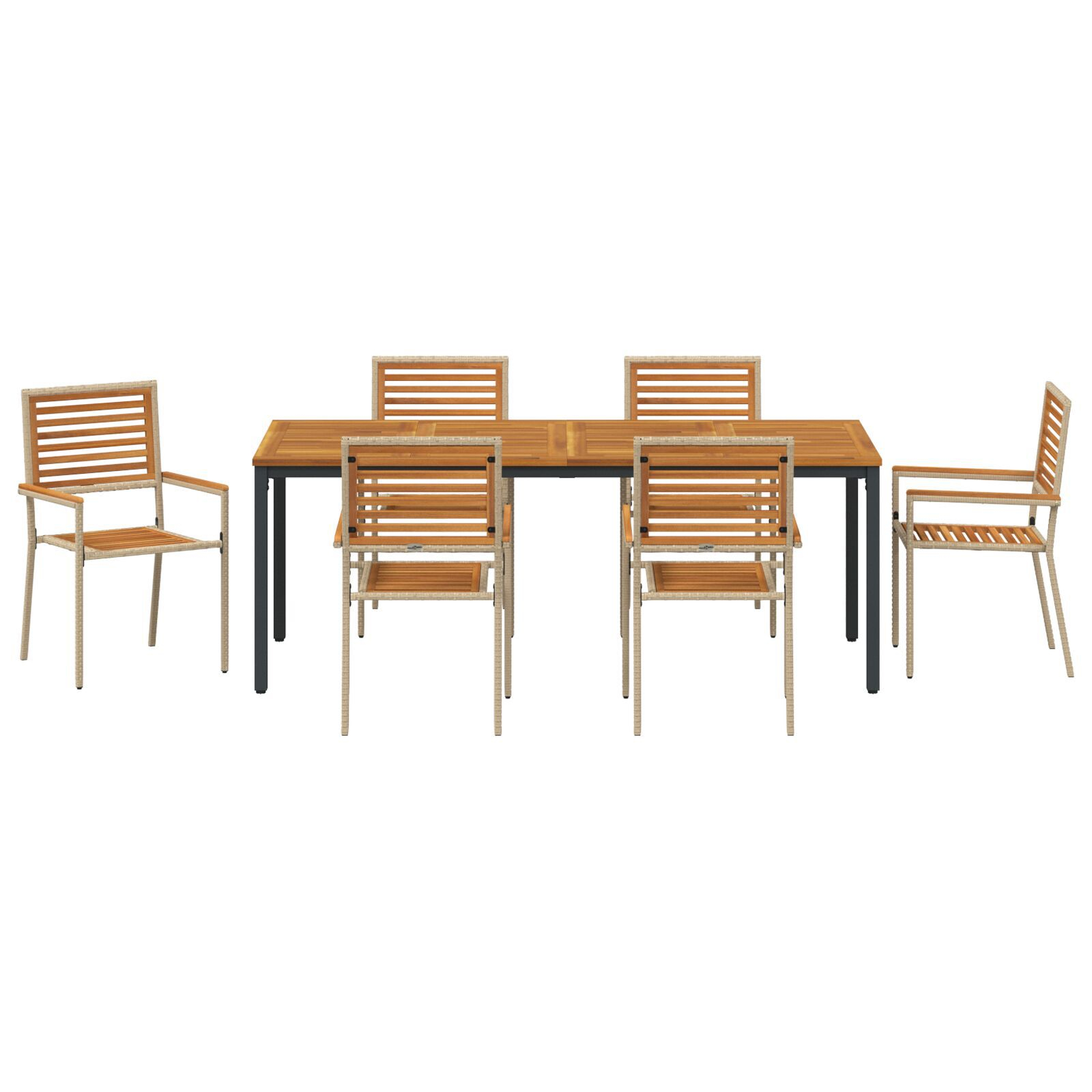 Set mese grădină  7 piese Bej din ratan poliester și acacia, Scaune grădină  stivuibile cu perne - Set 2 Bej din ratan poliester, Masă grădină  180x90x75 cm din lemn acacia și metal GartenMobel Dekor