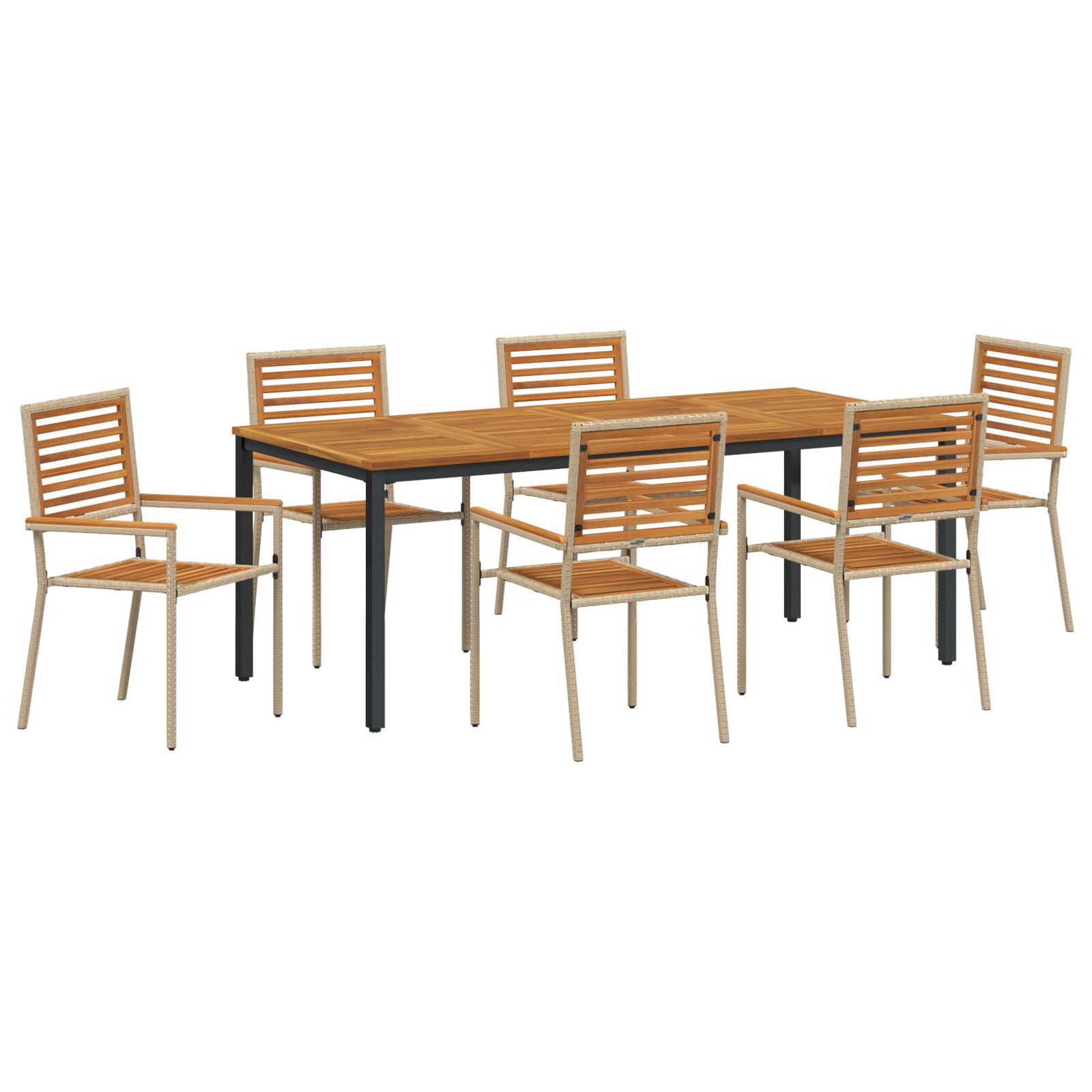 Set mese grădină  7 piese Bej din ratan poliester și acacia, Scaune grădină  stivuibile cu perne - Set 2 Bej din ratan poliester, Masă grădină  180x90x75 cm din lemn acacia și metal GartenMobel Dekor