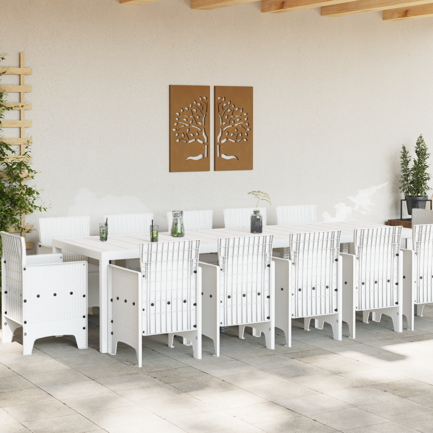 Set de mese grădină  cu 13 piese și perne din poliratan alb, Masă grădină  alb 150x100x73 cm din poliratan, Scaune grădină  cu perne 4 bucăți din poliratan alb GartenMobel Dekor