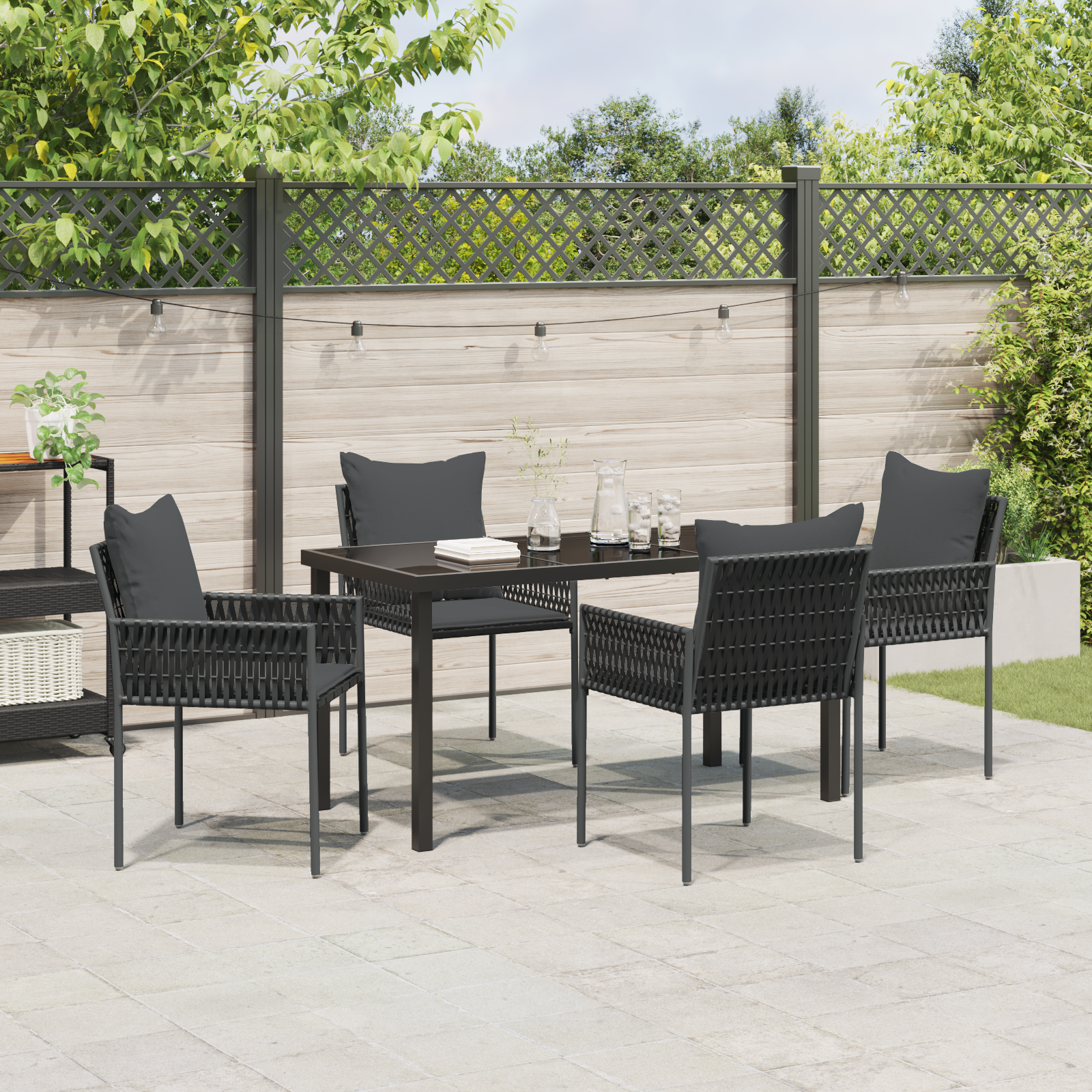 Set de Dining de Grădină de 5 Piese cu Pernă Negru Rattan Poly GartenMobel Dekor
