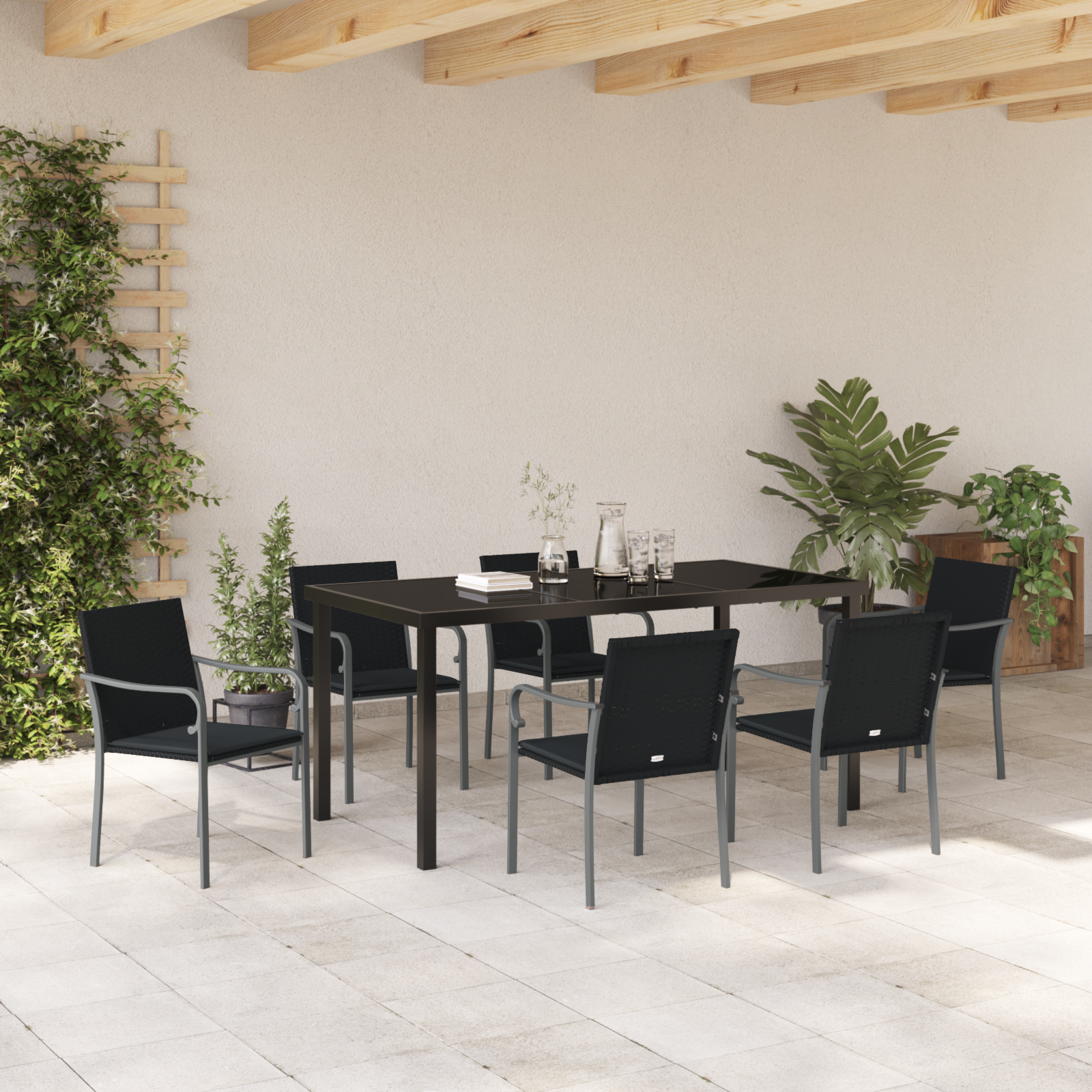Set de dining pentru grădină 7 piese cu perne Rattan Poly Negru GartenMobel Dekor