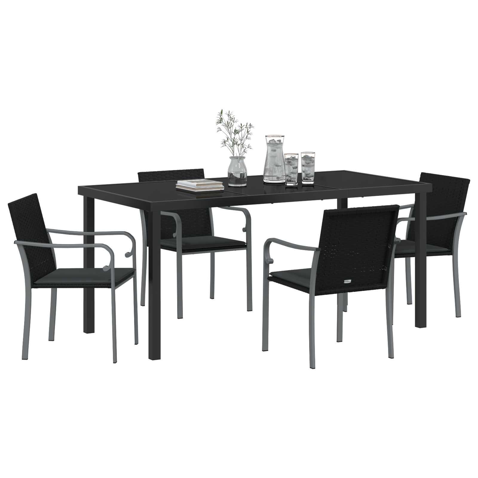 Set de masă de grădină 5 piese  cu pernuțe, Negru, Ratan Poly GartenMobel Dekor