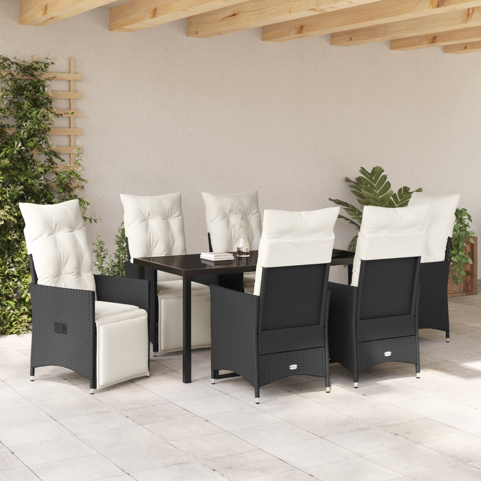 Set de Masă de Grădină cu 7 Piese cu Perne Negre din Poliratan GartenMobel Dekor