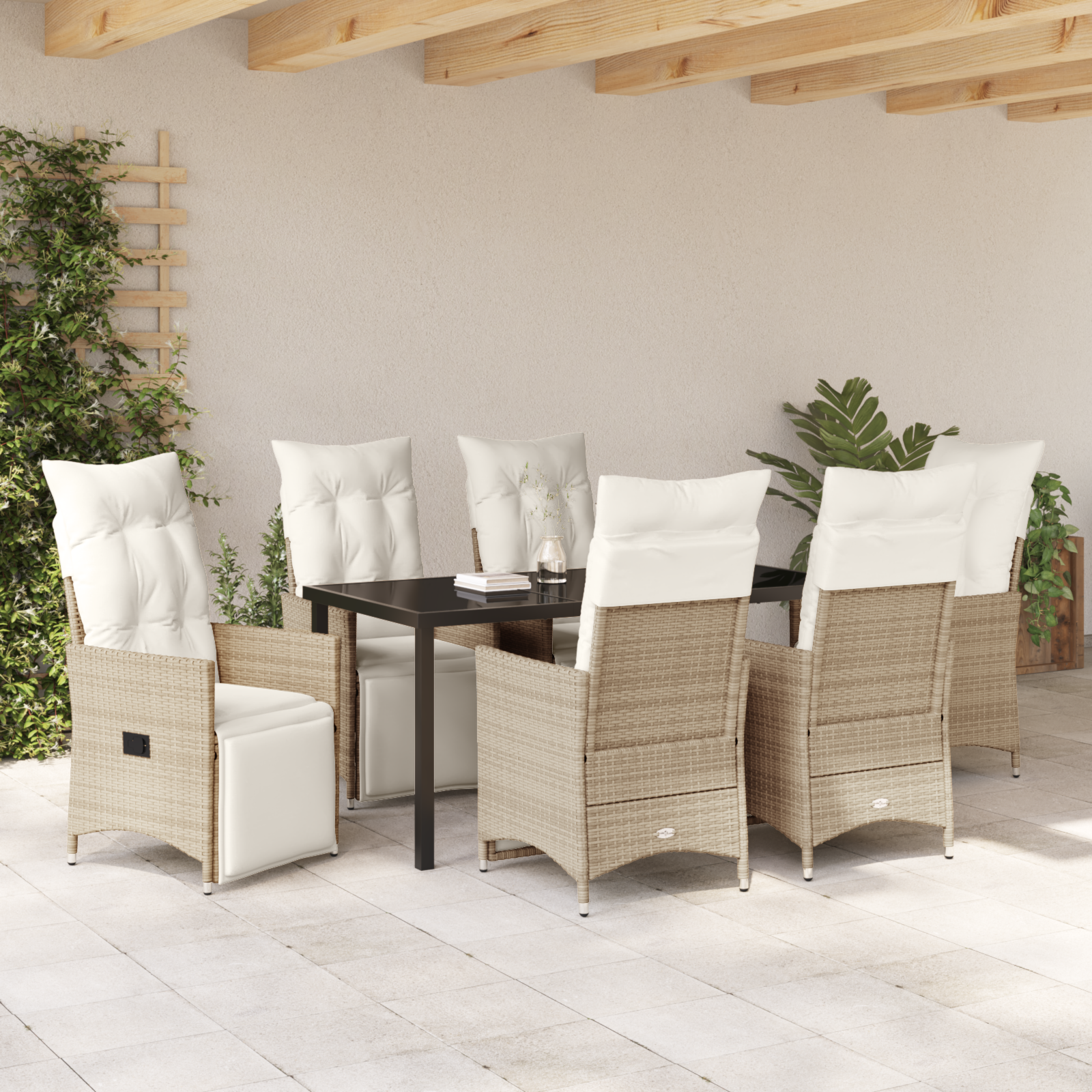 Set de dining de grădină de 7 piese cu perne Bej Poli Rattan GartenMobel Dekor