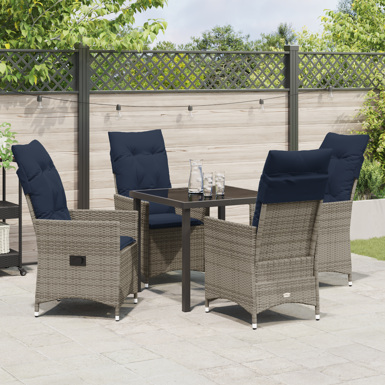 Set Masa Grădină  de 5 Piese cu Perne Ratan Gri Poliester, Masă Grădină Neagră 80x80x73 cm Sticlă Temperată GartenMobel Dekor