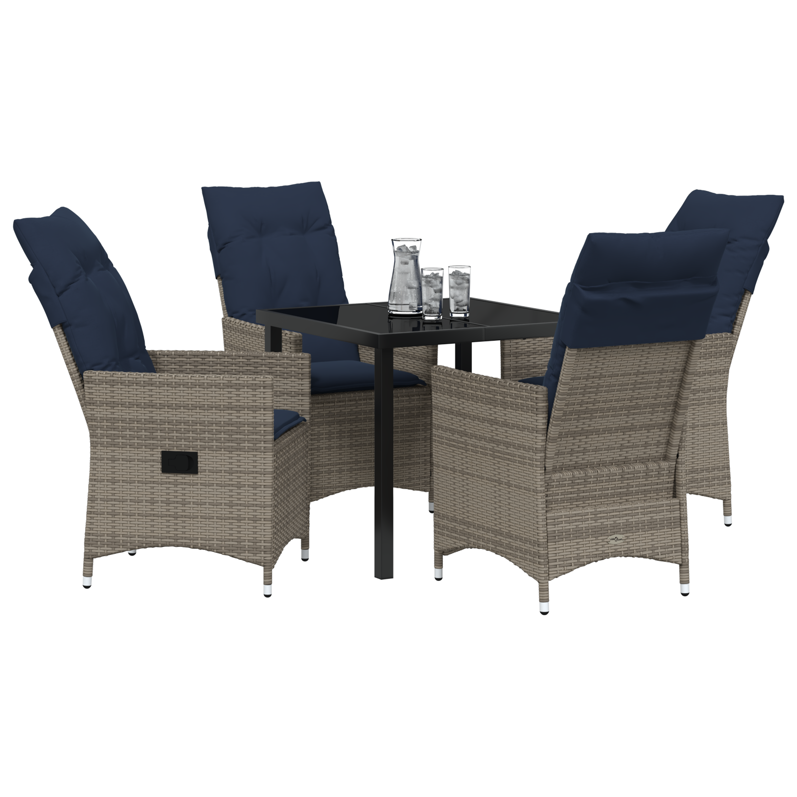 Set Masa Grădină  de 5 Piese cu Perne Ratan Gri Poliester, Masă Grădină Neagră 80x80x73 cm Sticlă Temperată GartenMobel Dekor
