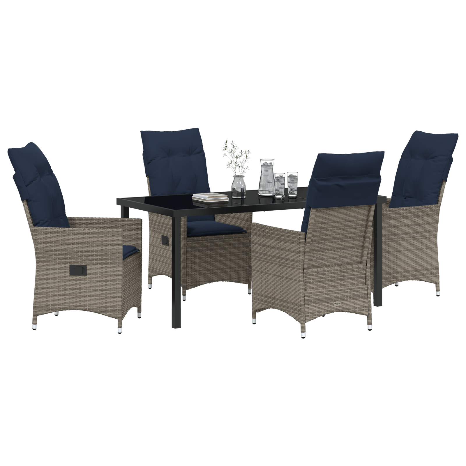 Set de dining pentru grădină  cu perne gri poli ratan, Masă  neagră 160x80x73 cm din sticlă securizată GartenMobel Dekor