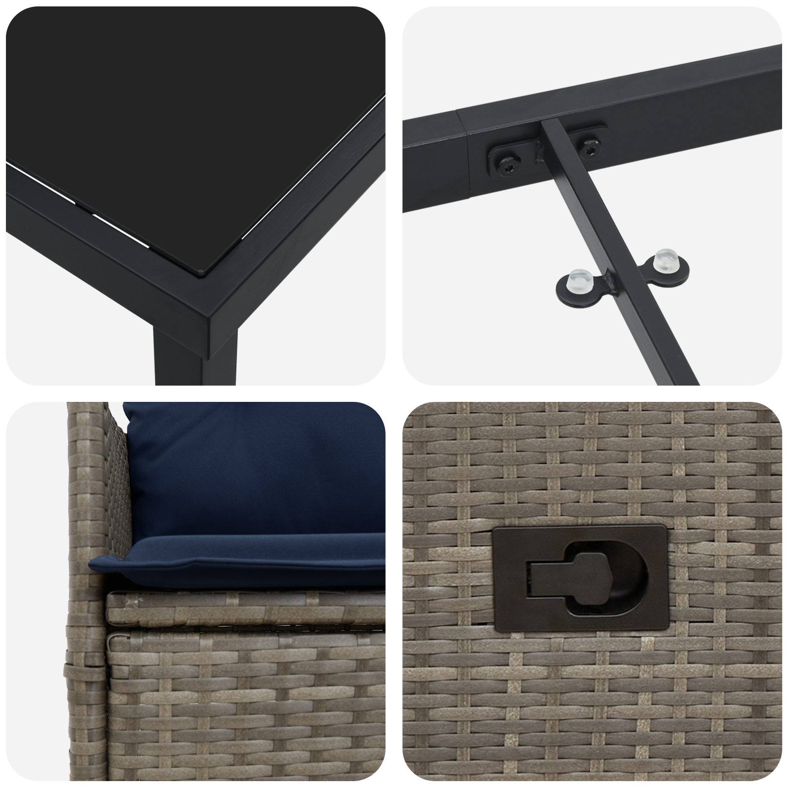 Set de dining pentru grădină  cu perne gri poli ratan, Masă  neagră 160x80x73 cm din sticlă securizată GartenMobel Dekor